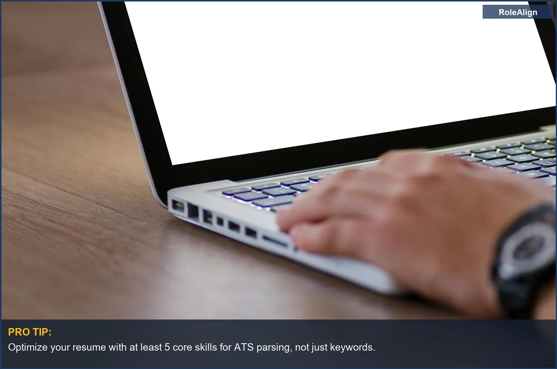 Hands using a laptop with a blank screen, perfect for visualizing resume optimization for new career paths.