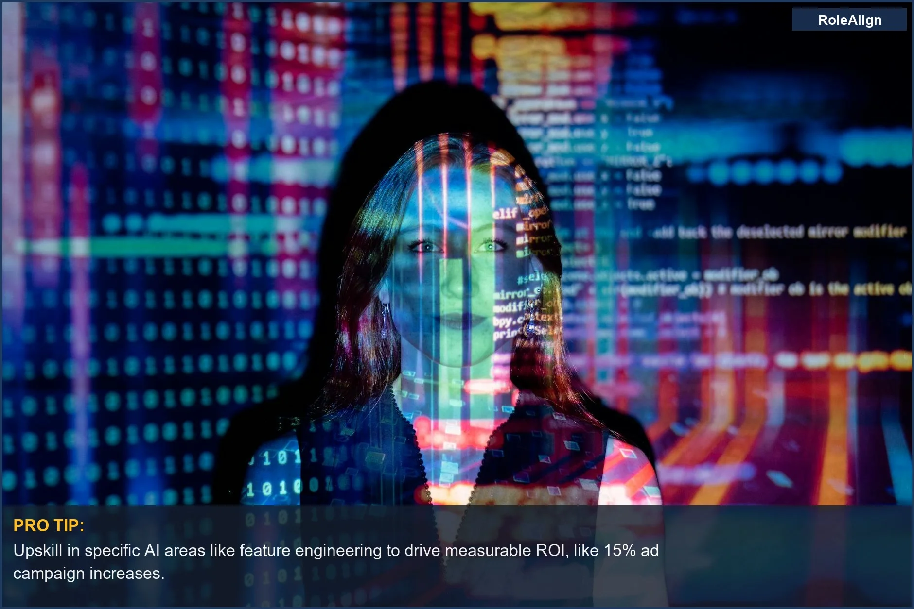 Mujer con proyecciones de código digital en su rostro, encarnando el aprendizaje de IA y las tendencias tecnológicas futuras.
