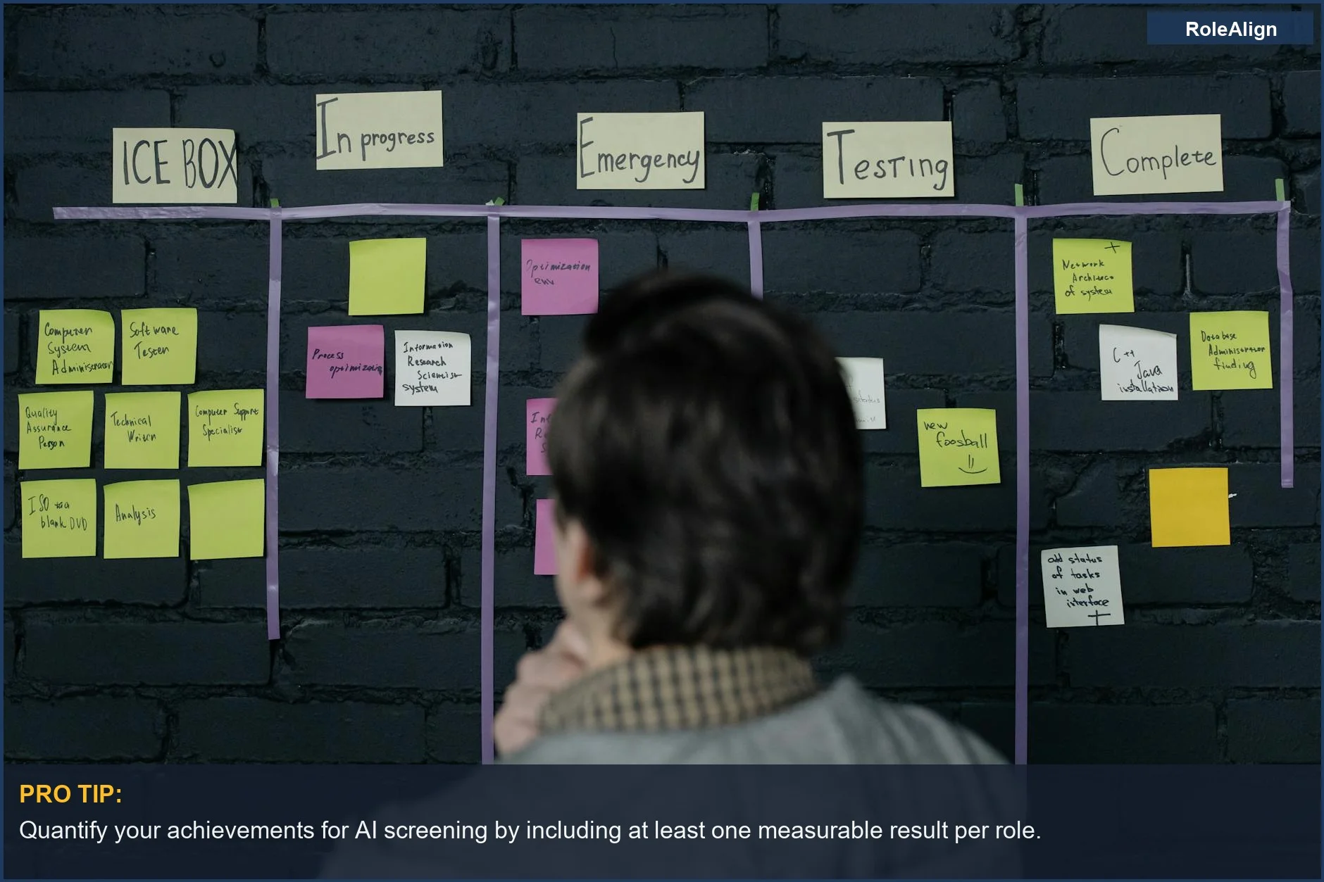 Revisando un tablero Scrum, planificando la estrategia para aplicaciones de empleo impulsadas por IA.