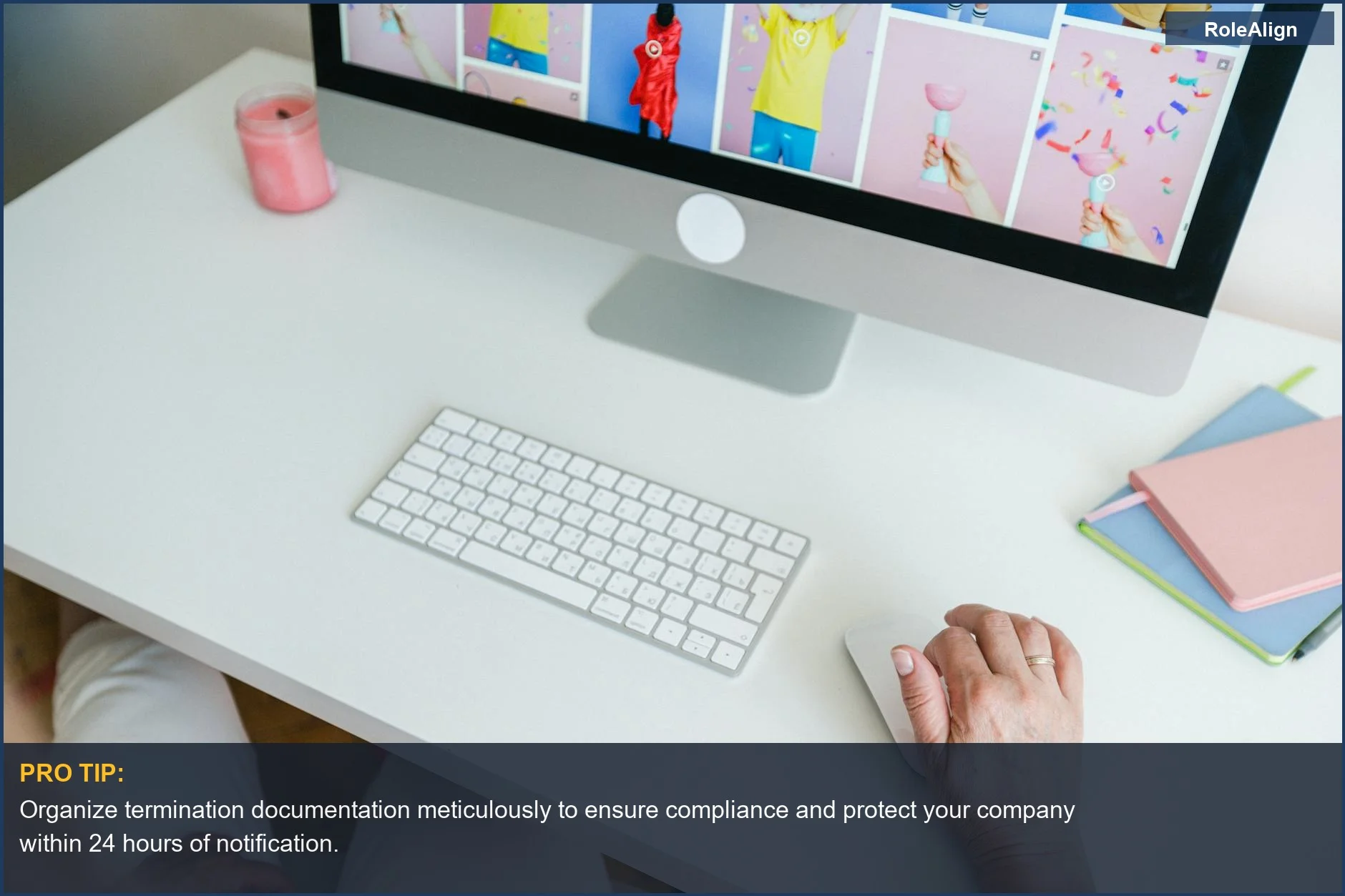 Overhead view of a tidy desk with a computer, highlighting careful planning for employment termination issues.