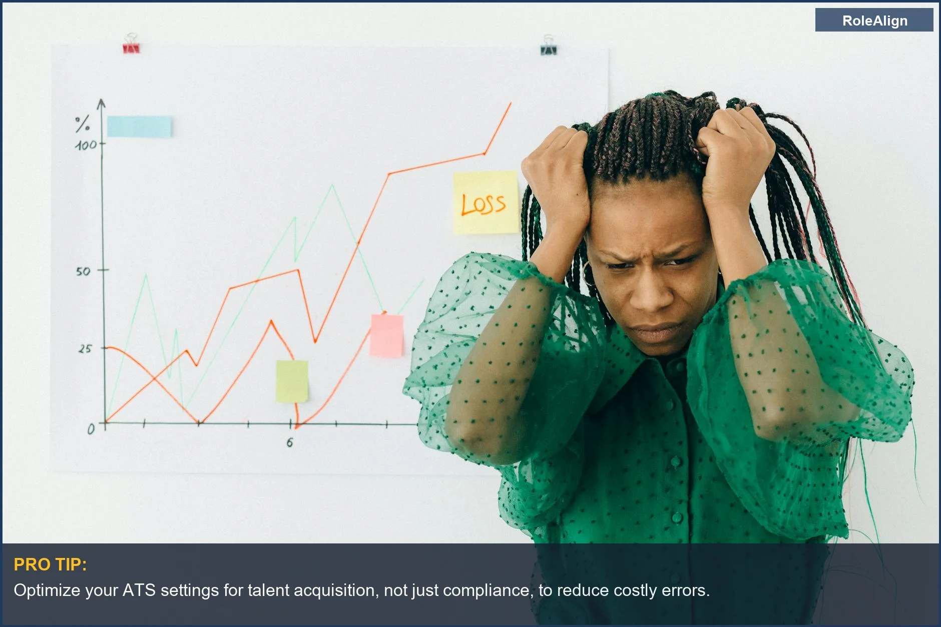 Frustrated businesswoman reviewing financial loss graph, highlighting the cost of ATS errors for companies.