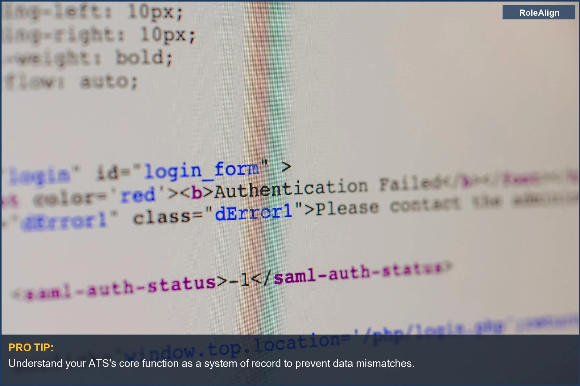Close-up of code with error messages, illustrating technical ATS errors impacting candidate applications.