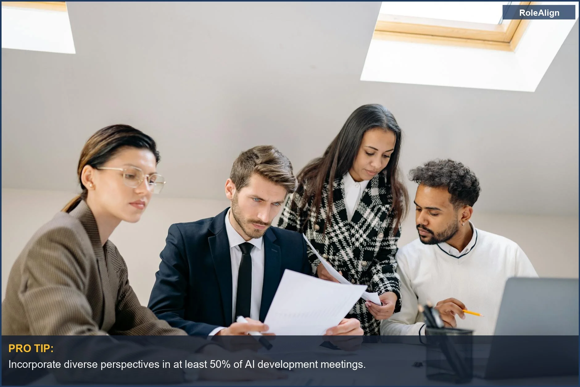 Diverse team collaborates on AI strategies, tackling ethical challenges in development.