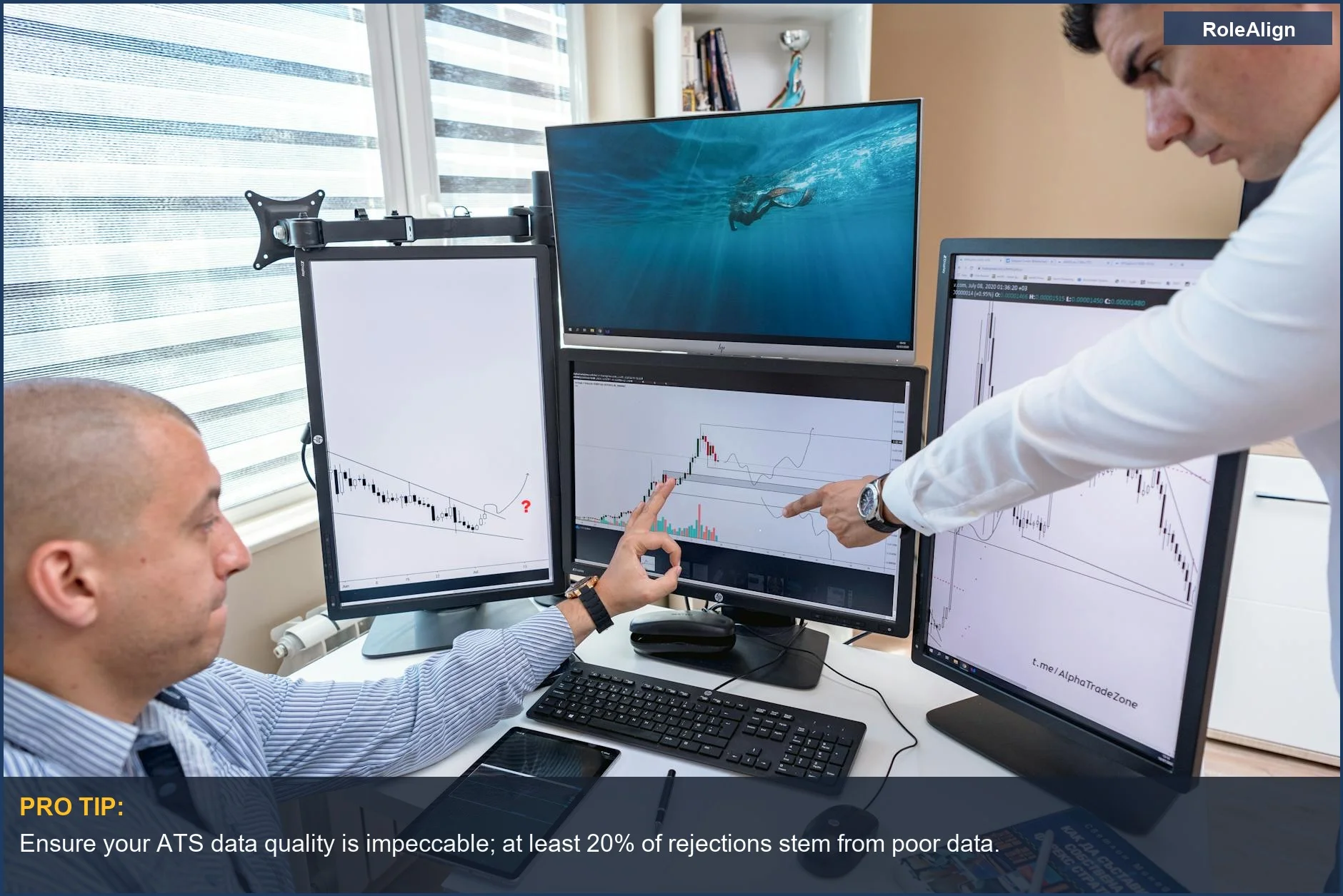 Business professionals analyze financial data, highlighting the complex logic behind ATS screening.