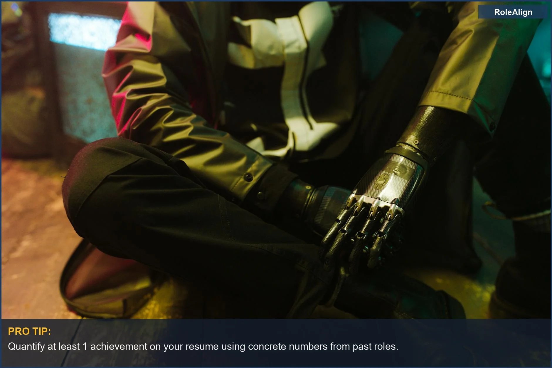 Person with a bionic prosthetic arm in a modern setting, representing diverse talent and AI's impact on candidate individuality.