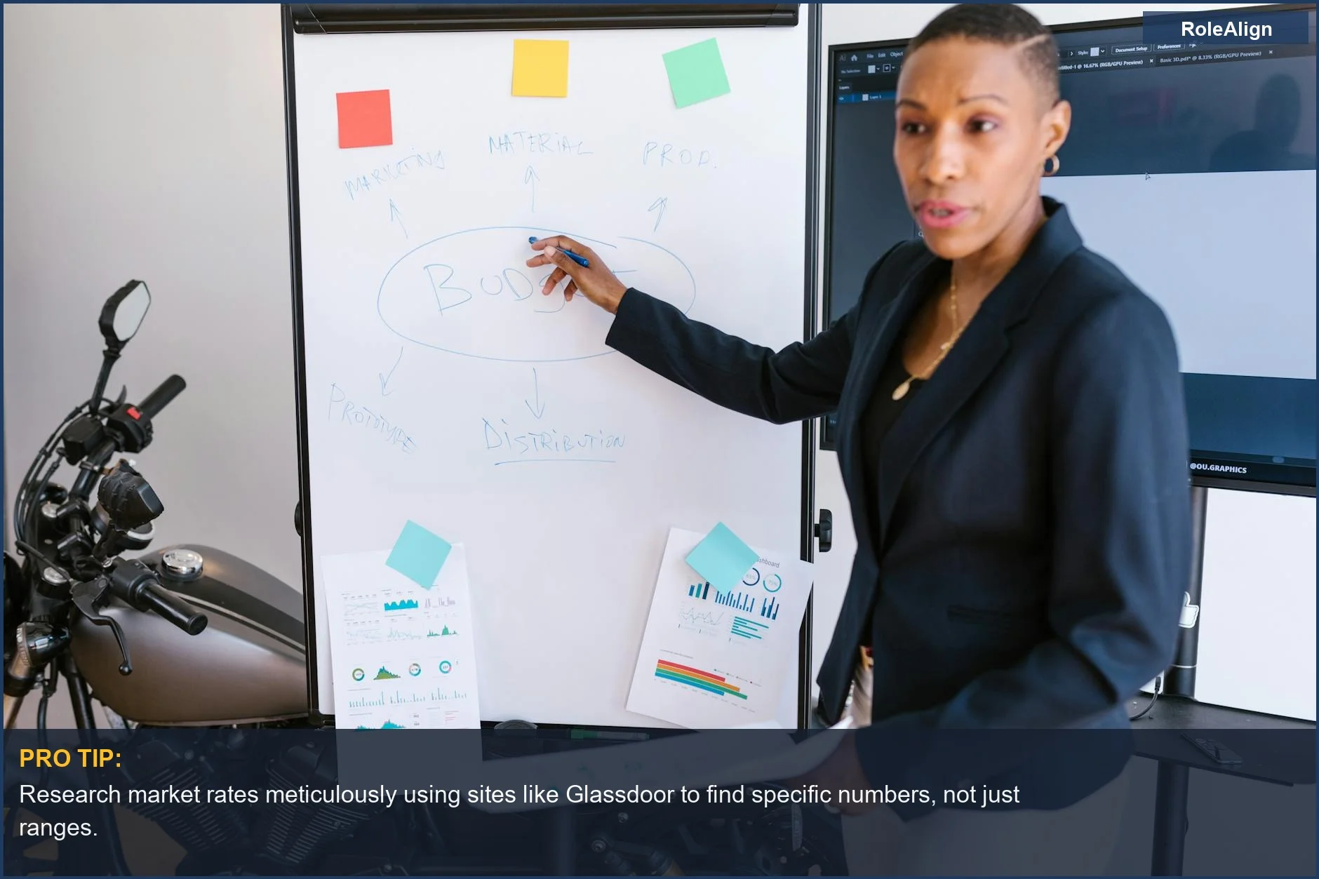 Confident businesswoman presents marketing strategy, demonstrating how early salary negotiation shapes career trajectories.