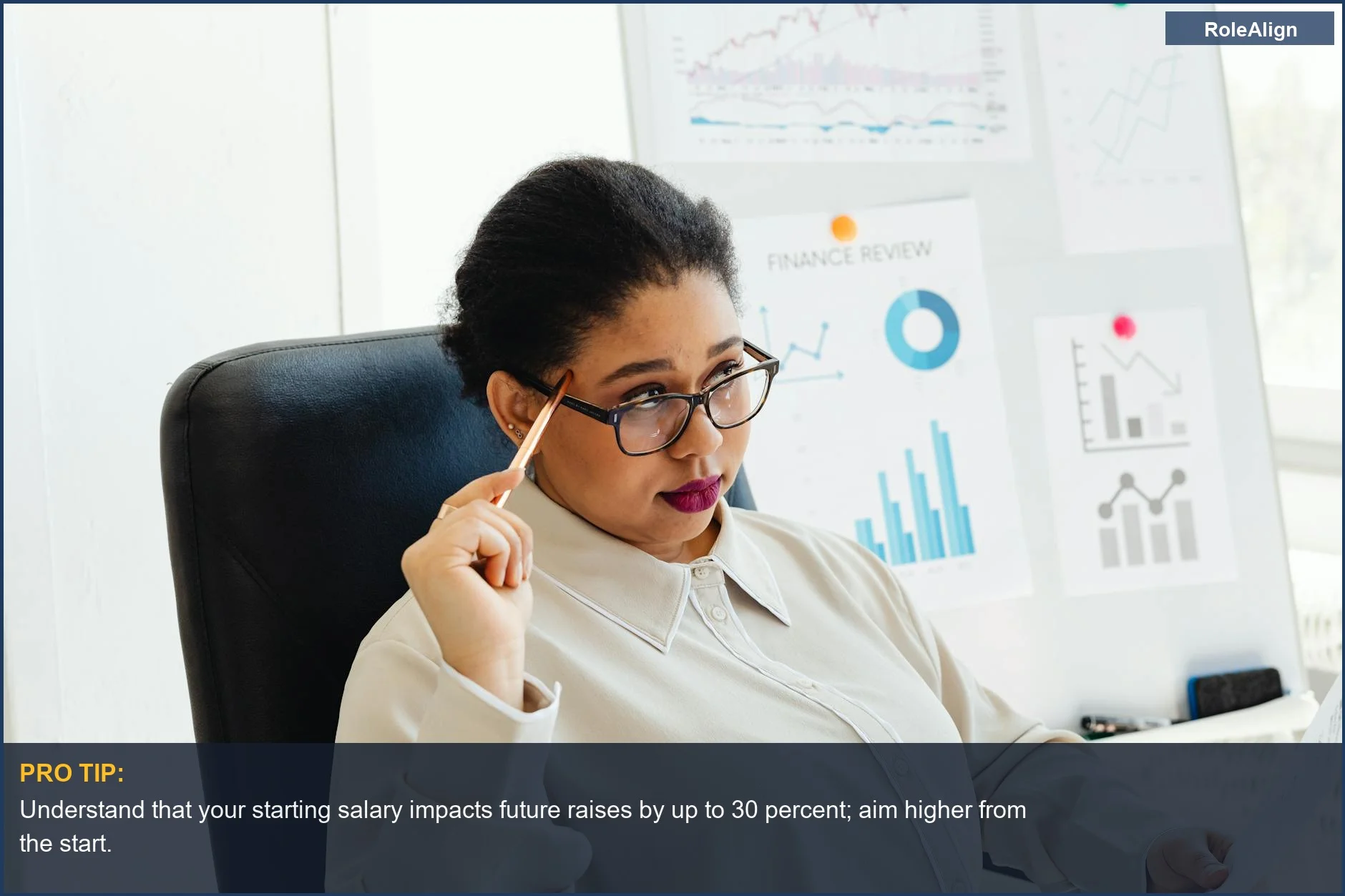 Woman analyzes financial graphs, showing the long-term career impact of early salary negotiation and compounding effects.