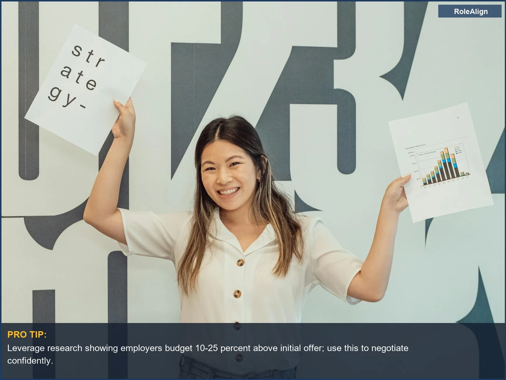 Enthusiastic young woman holds business strategy documents, highlighting the benefits of early salary negotiation for career growth.