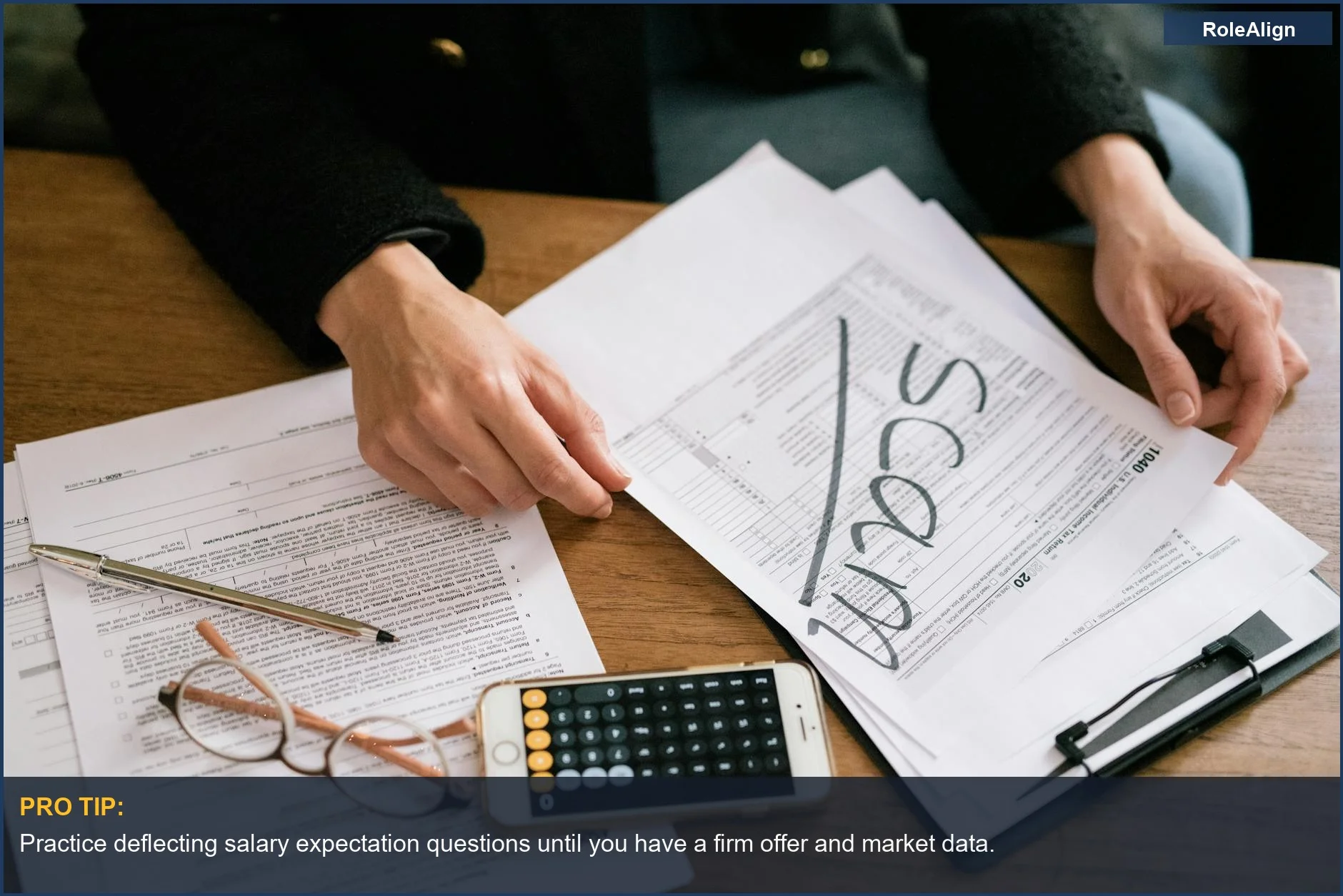 Hands examining tax forms with calculator, emphasizing the financial impact of career trajectory.