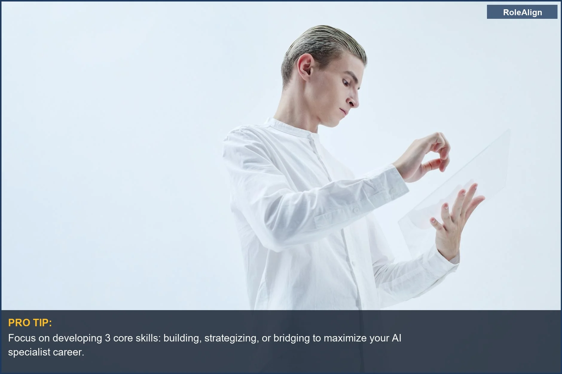 Young AI specialist uses a transparent tablet, exploring the evolving AI career path.