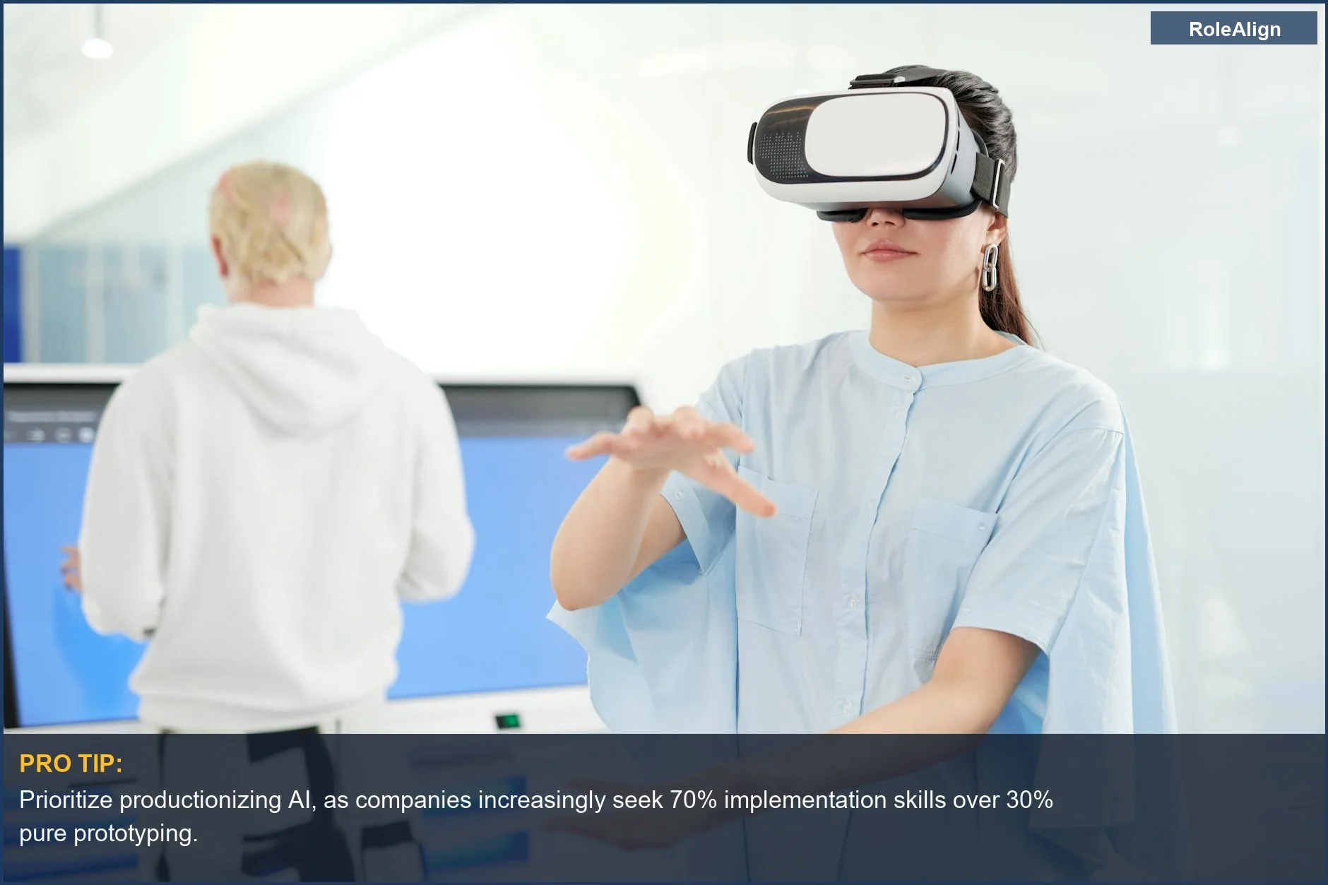 Woman in VR headset, illustrating the bifurcation in AI career trajectories for specialists.