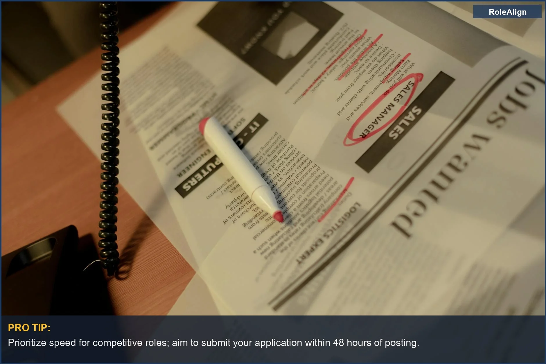 Sección de empleos de periódico con marcador rojo y teléfono con cable que enfatiza las solicitudes de empleo oportunas.