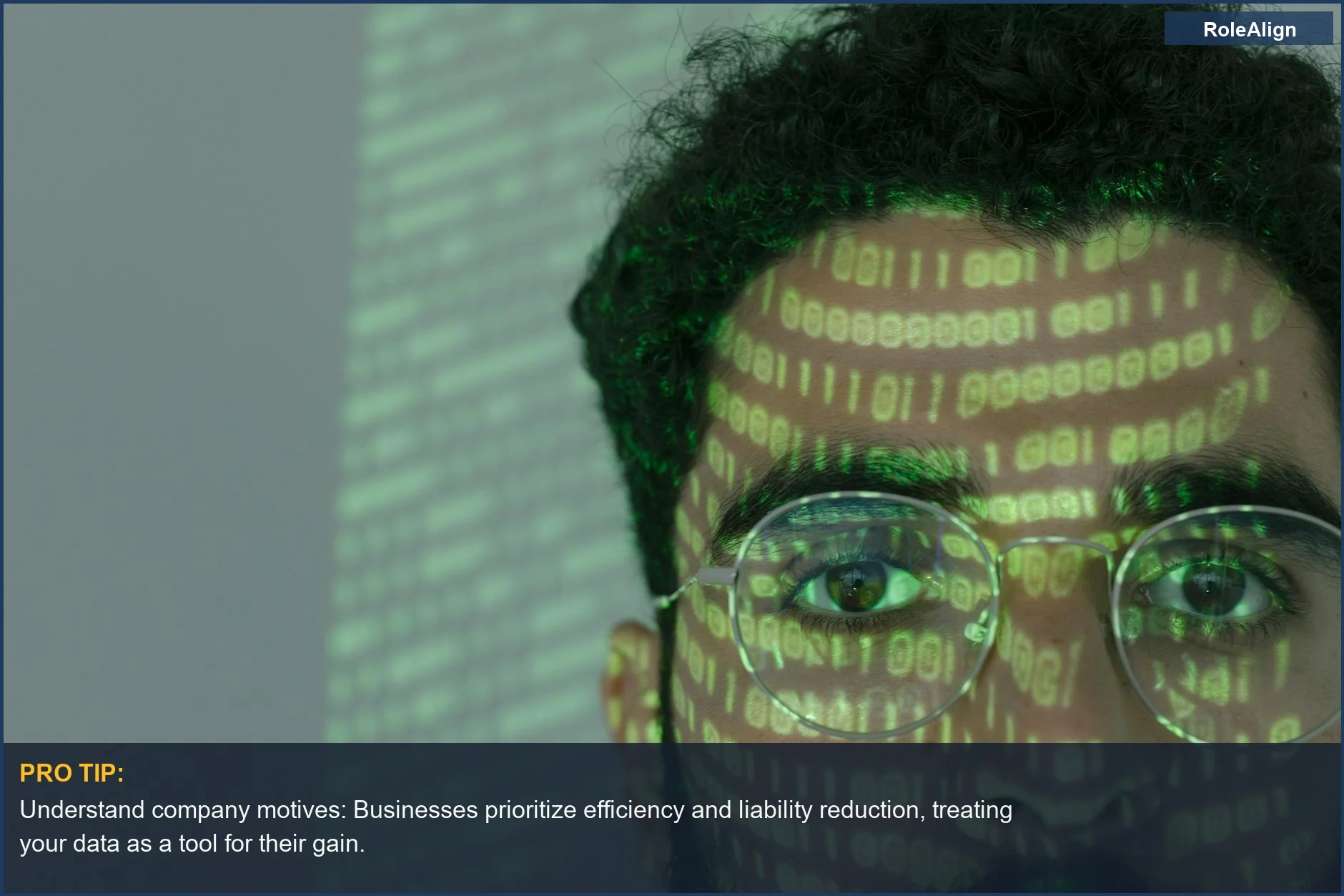 Man's face with binary code overlay, symbolizing AI job search privacy risks and data security.