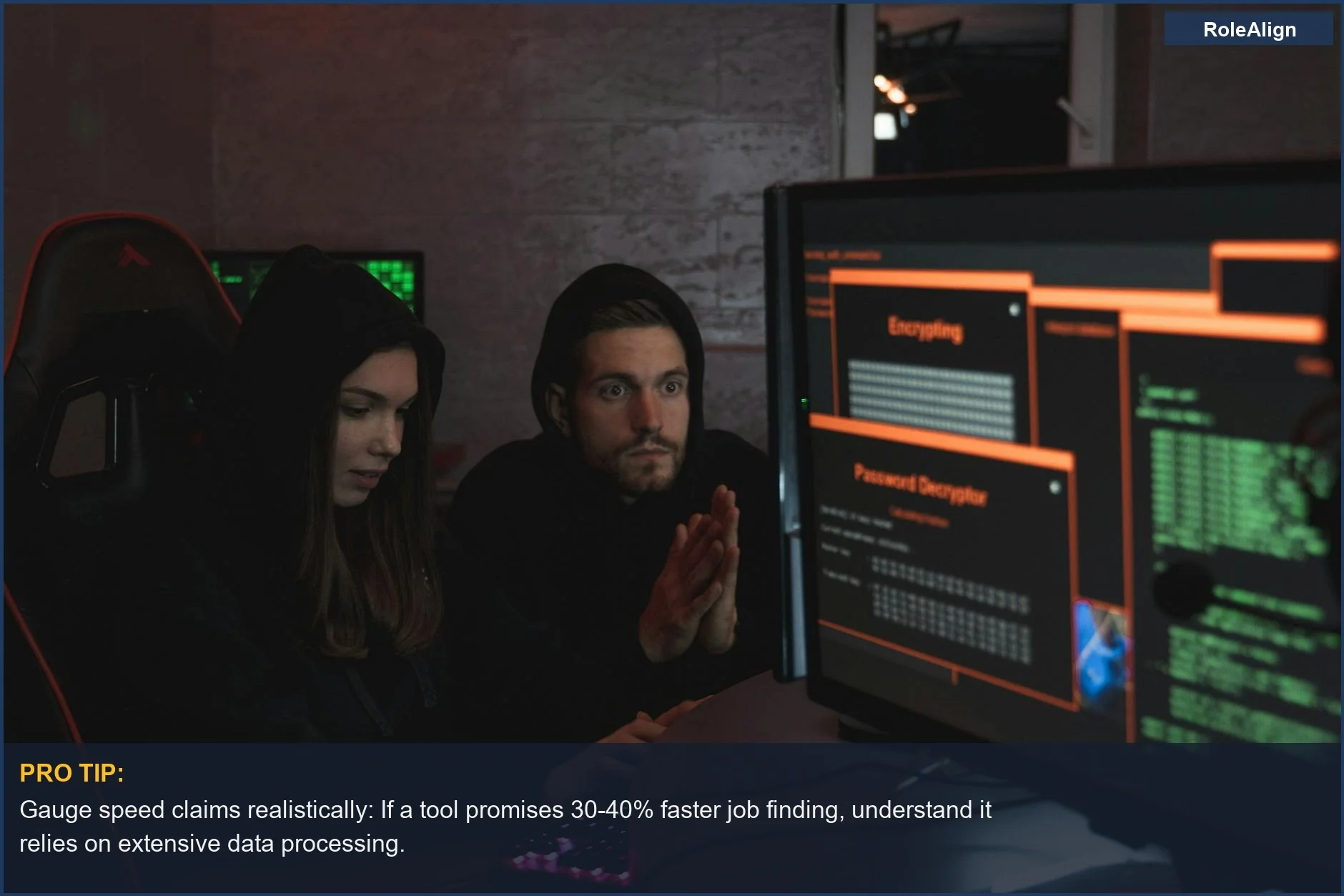 Cybersecurity experts analyzing encrypted data on screens, representing the speed of AI job search data processing.