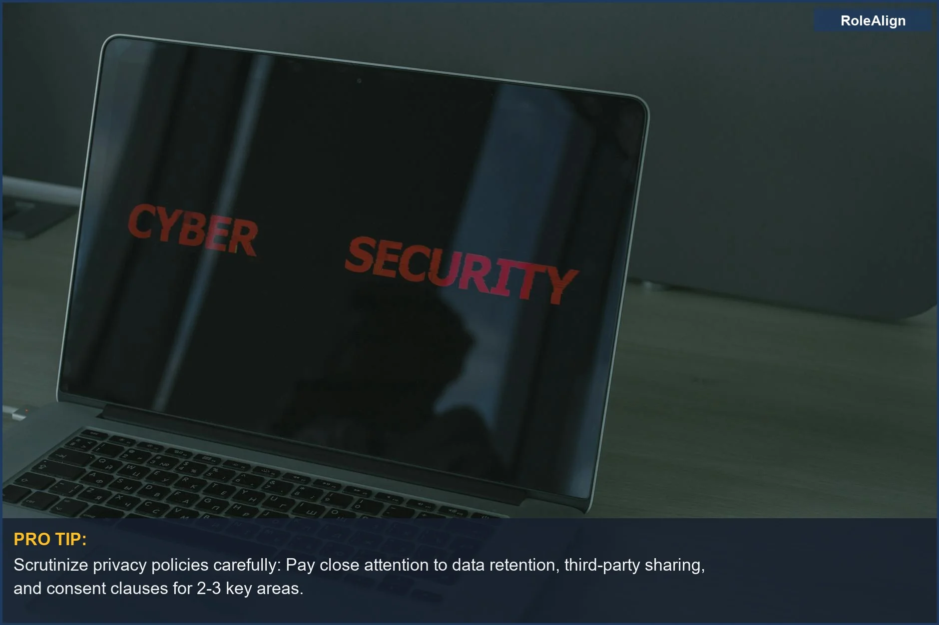 Laptop screen displaying cybersecurity text, emphasizing the importance of reading AI job platform privacy policies.