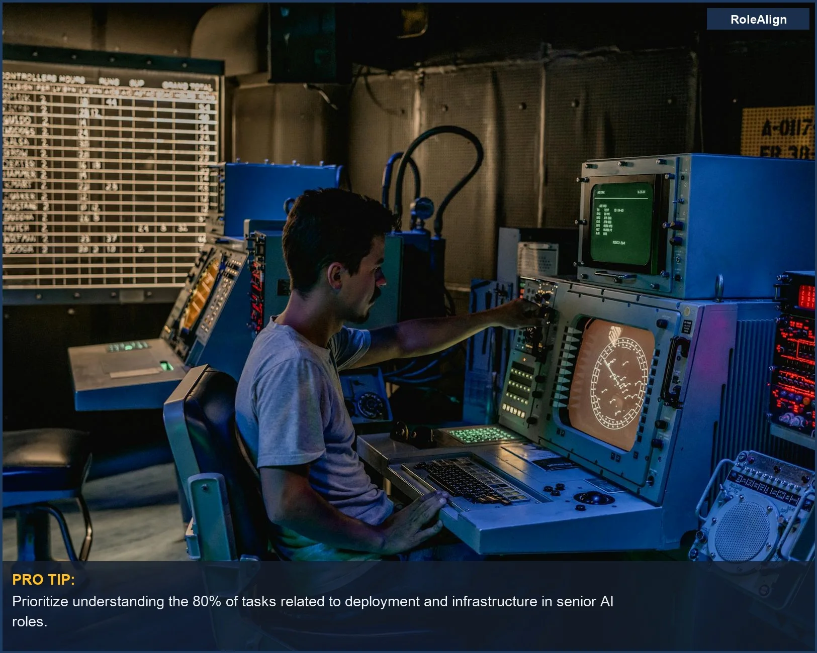 Hombre monitoreando paneles de control en una sala industrial, demostrando el lado de la ingeniería de los roles de IA.