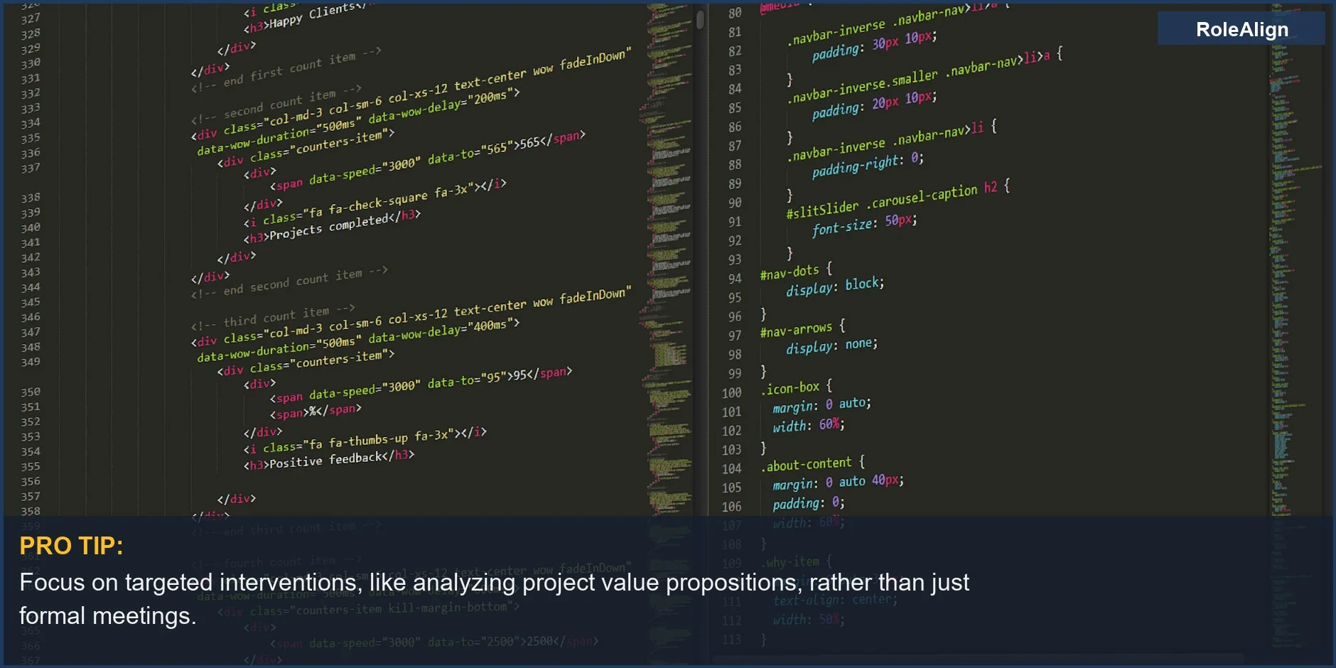 Primer plano de código HTML/CSS, representando aspectos técnicos de las transiciones de carrera y la mentoría.