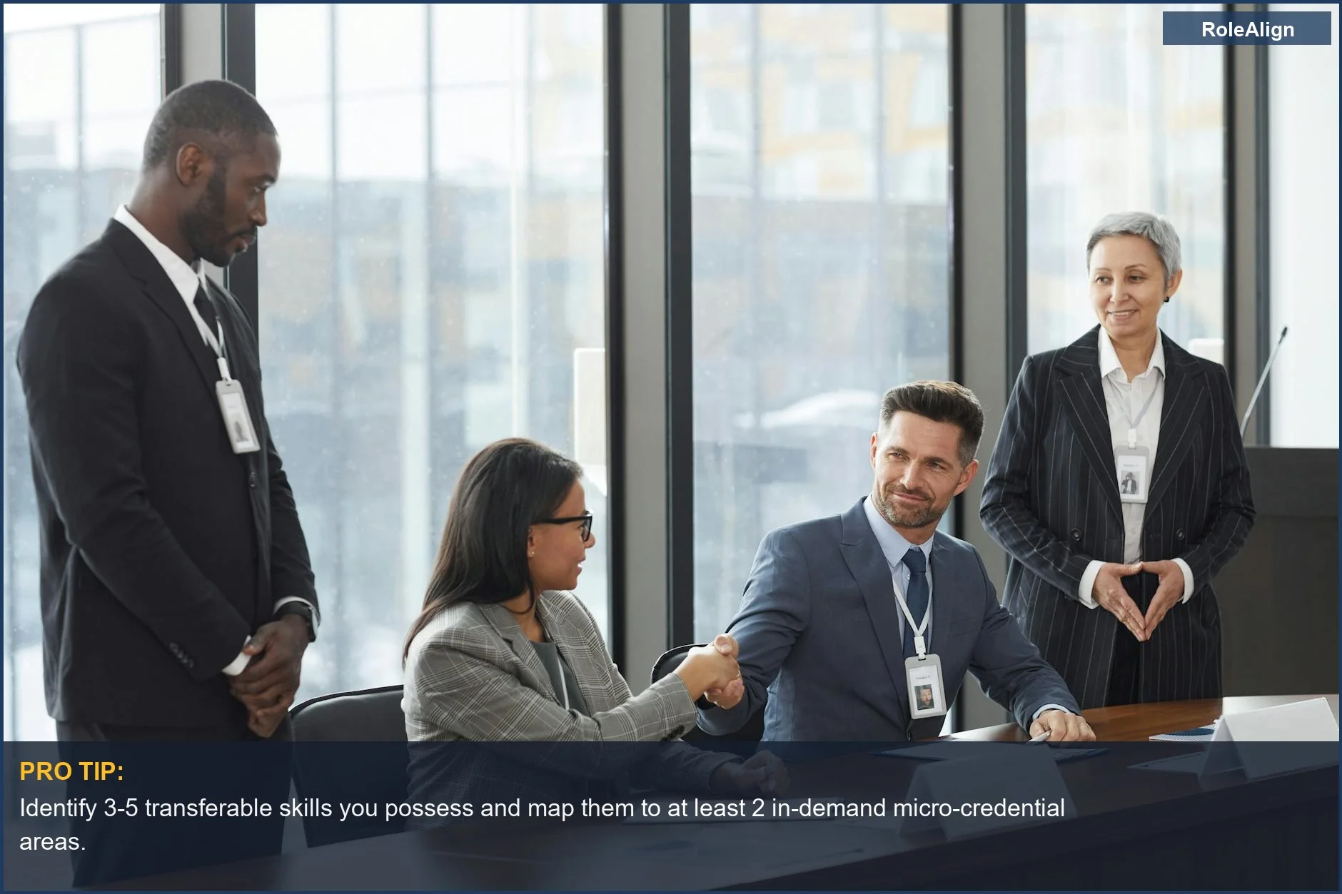 Profesionales diversos dándose la mano en una oficina moderna, simbolizando transiciones de carrera exitosas y networking.