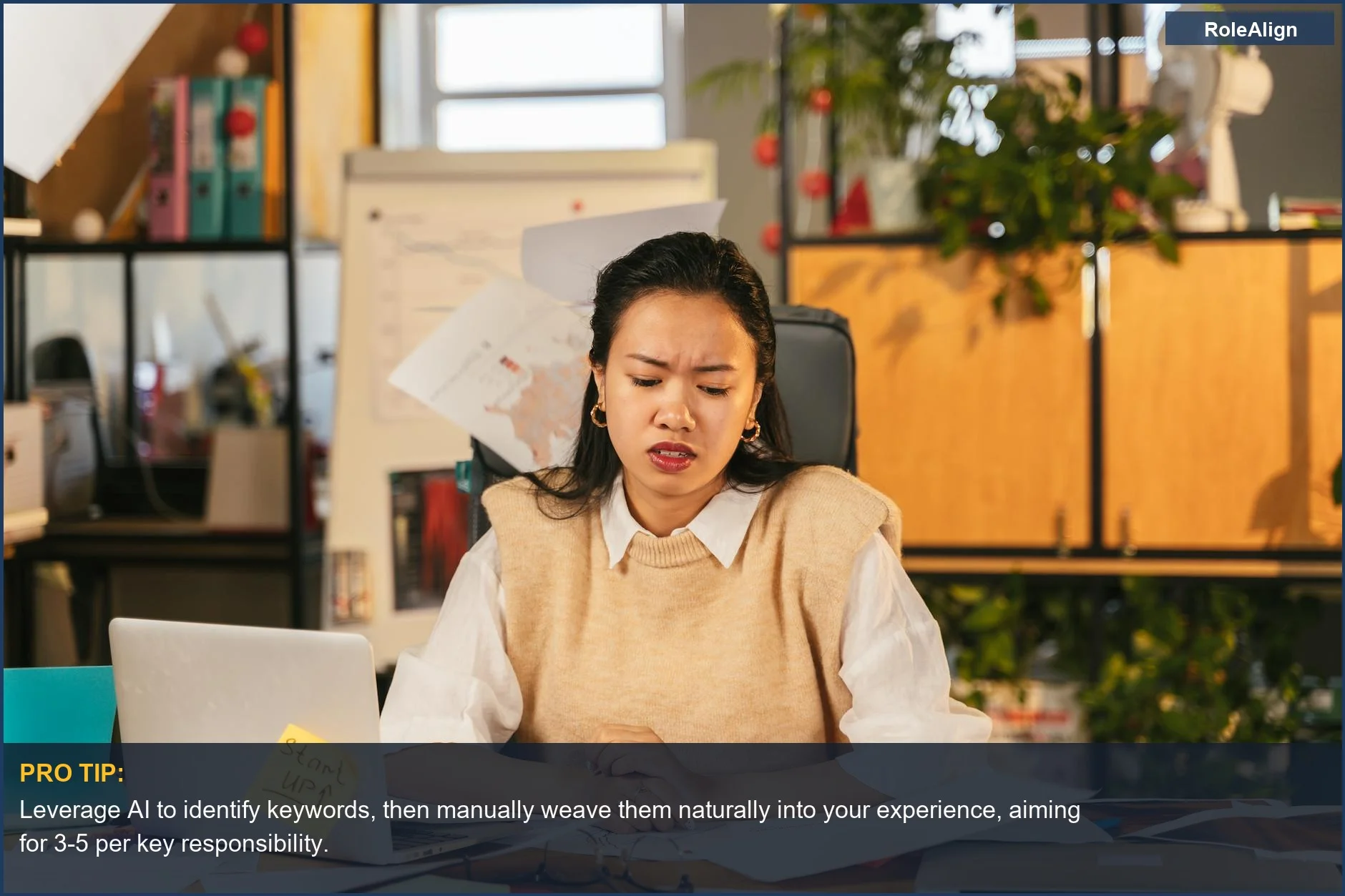 Frustrated office worker at a cluttered desk, struggling with resume optimization and AI keyword stuffing.