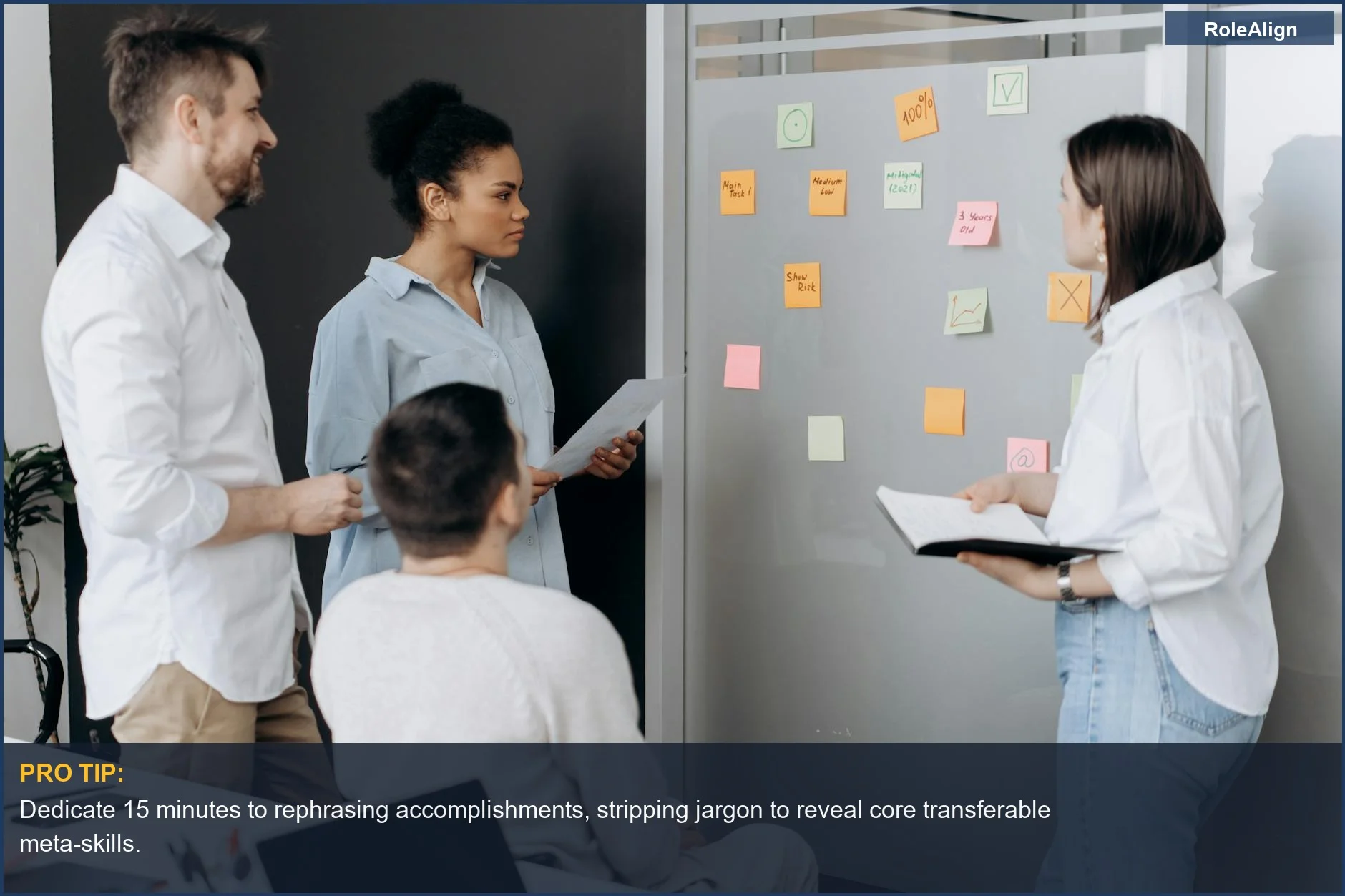 Diverse team uses sticky notes to map out transferable skills for career change.