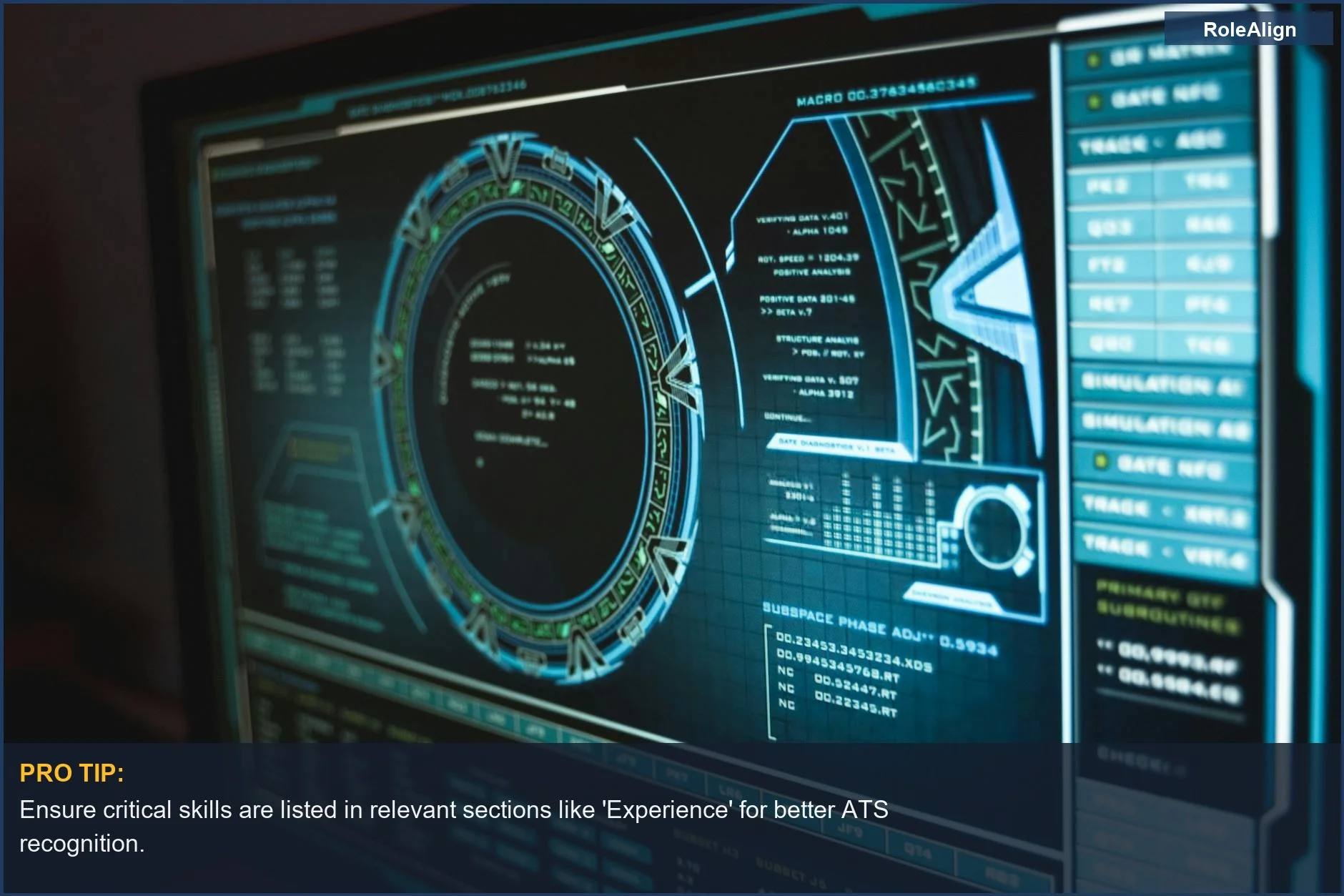 High-tech computer interface with cybersecurity data, showing specific skill matching in ATS.