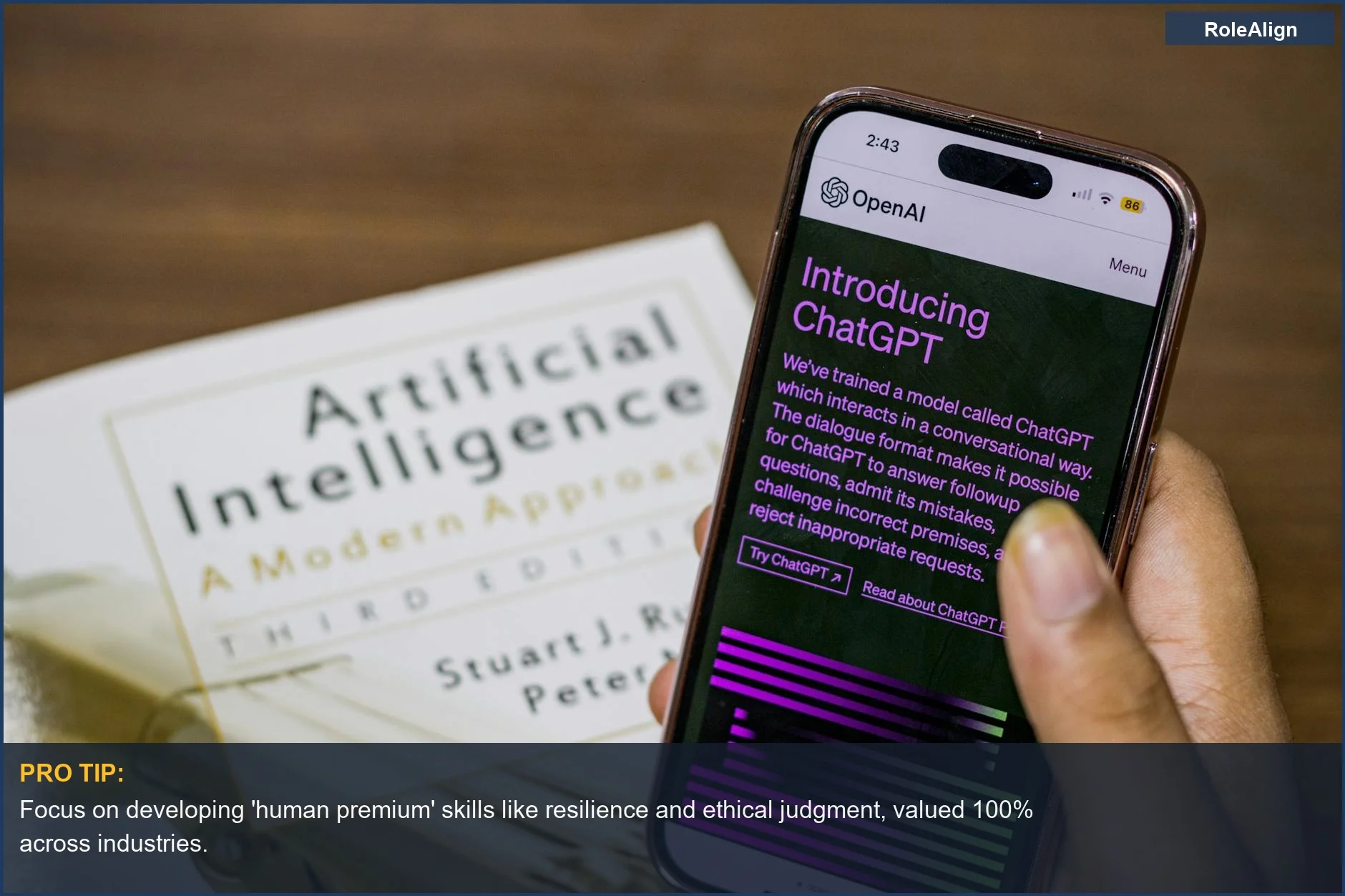 Smartphone with ChatGPT app over AI textbook, demonstrating skill-first career pivot strategies.