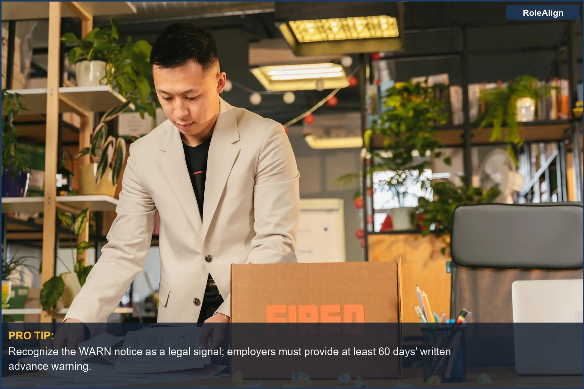 Employee packing 'FIRED' documents into a box, symbolizing job loss after a WARN notice.