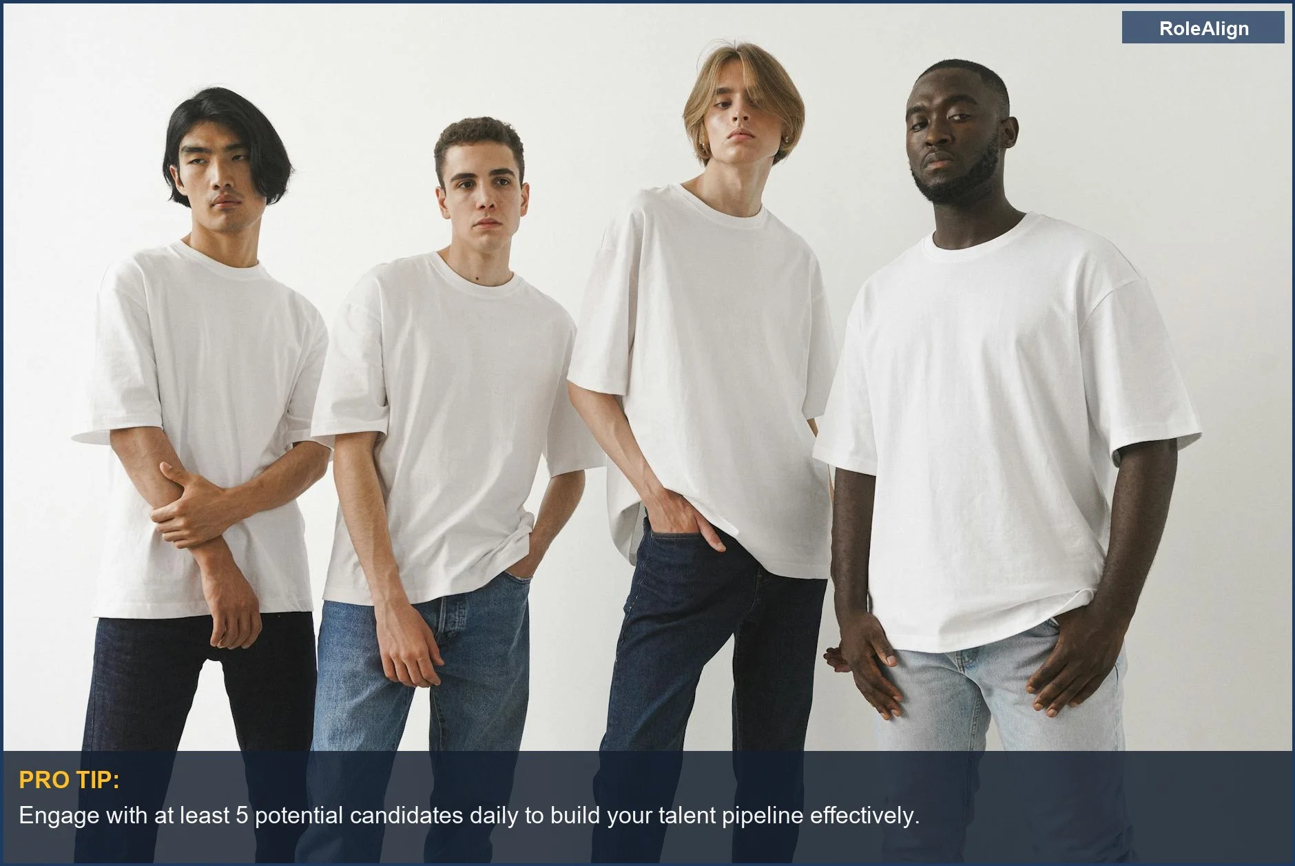Diverse group of men in white t-shirts, showcasing teamwork in the hiring and recruiting process.