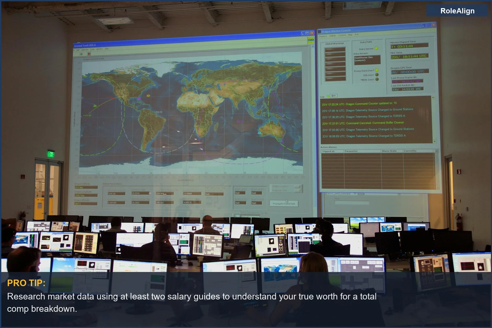 Employees in a control room analyzing data on a large interactive map, part of a total comp breakdown.