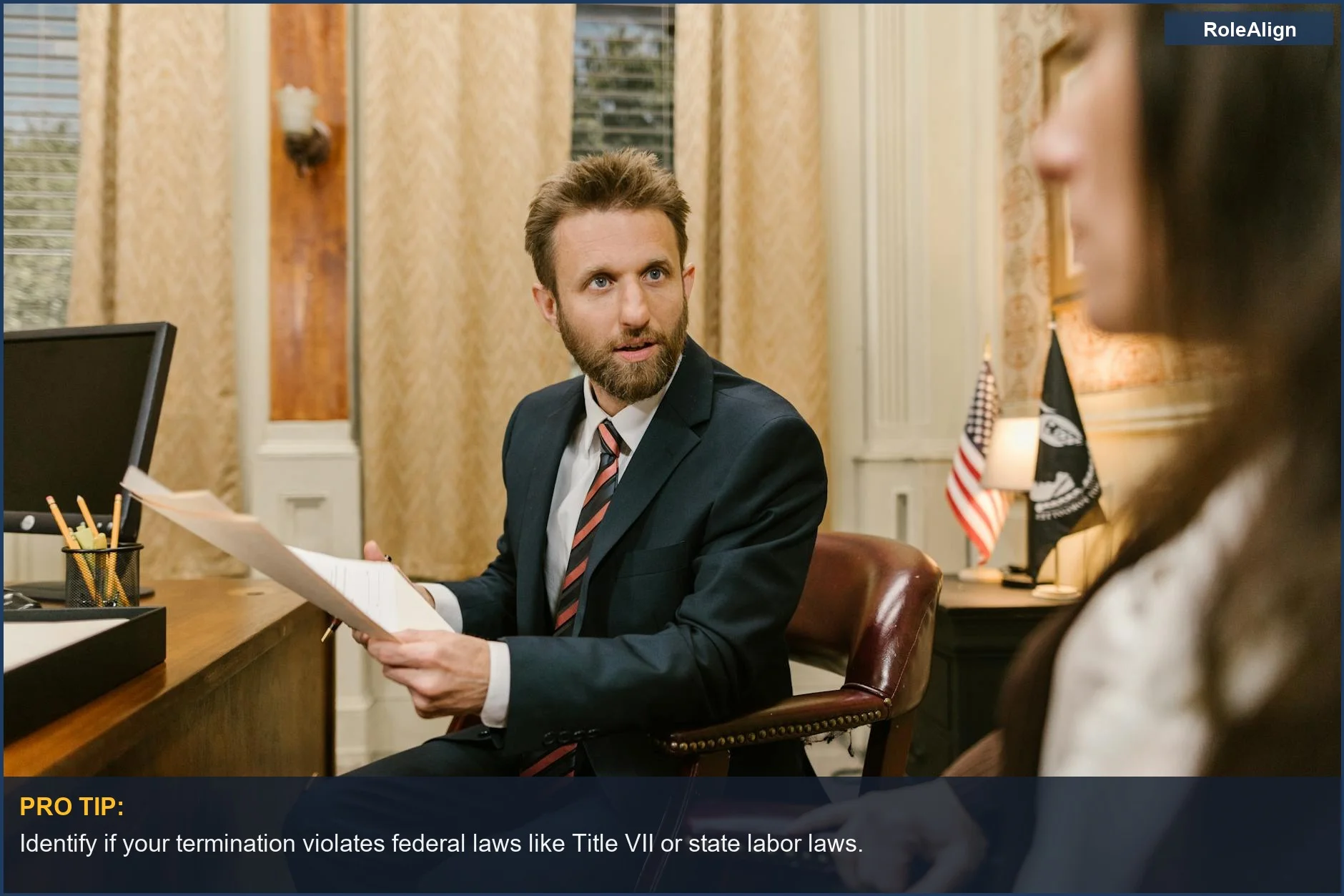 Businessman reviews legal papers, highlighting the illegal reason for wrongful termination.