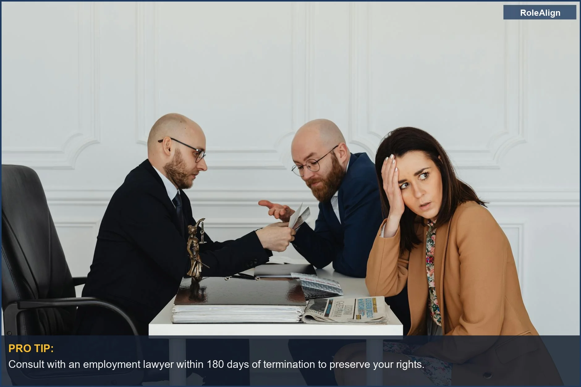 Worried client discusses legal documents with lawyers, understanding wrongful termination.