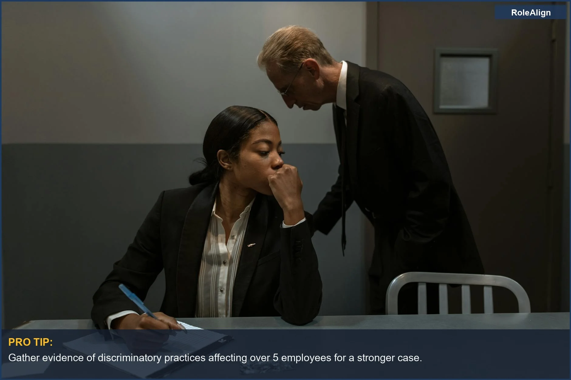 Professionals in an interrogation room discuss sensitive matters, exploring discrimination in wrongful termination.