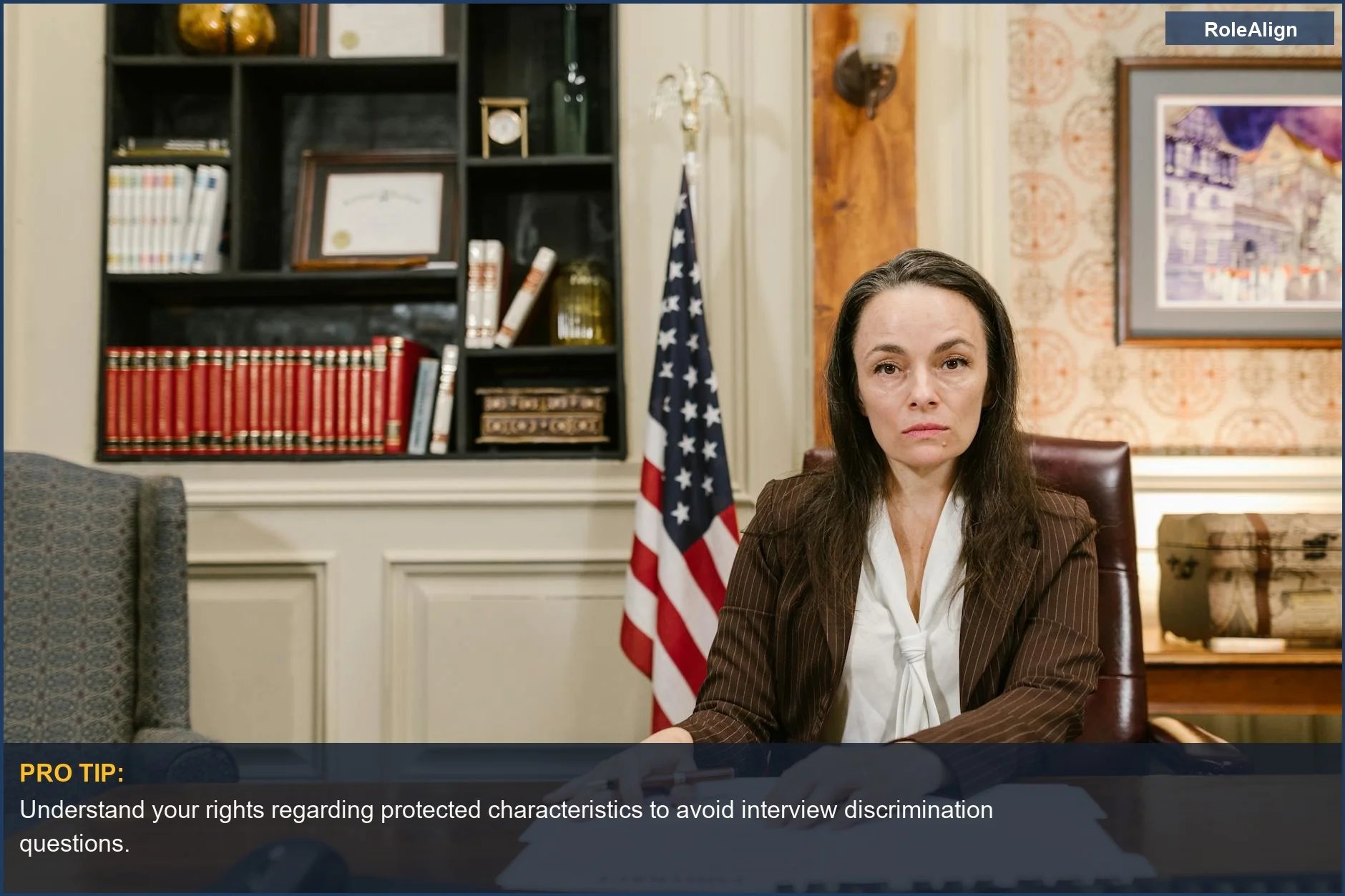 Confident lawyer reviews legal documents, symbolizing protection against illegal interview questions and discrimination.