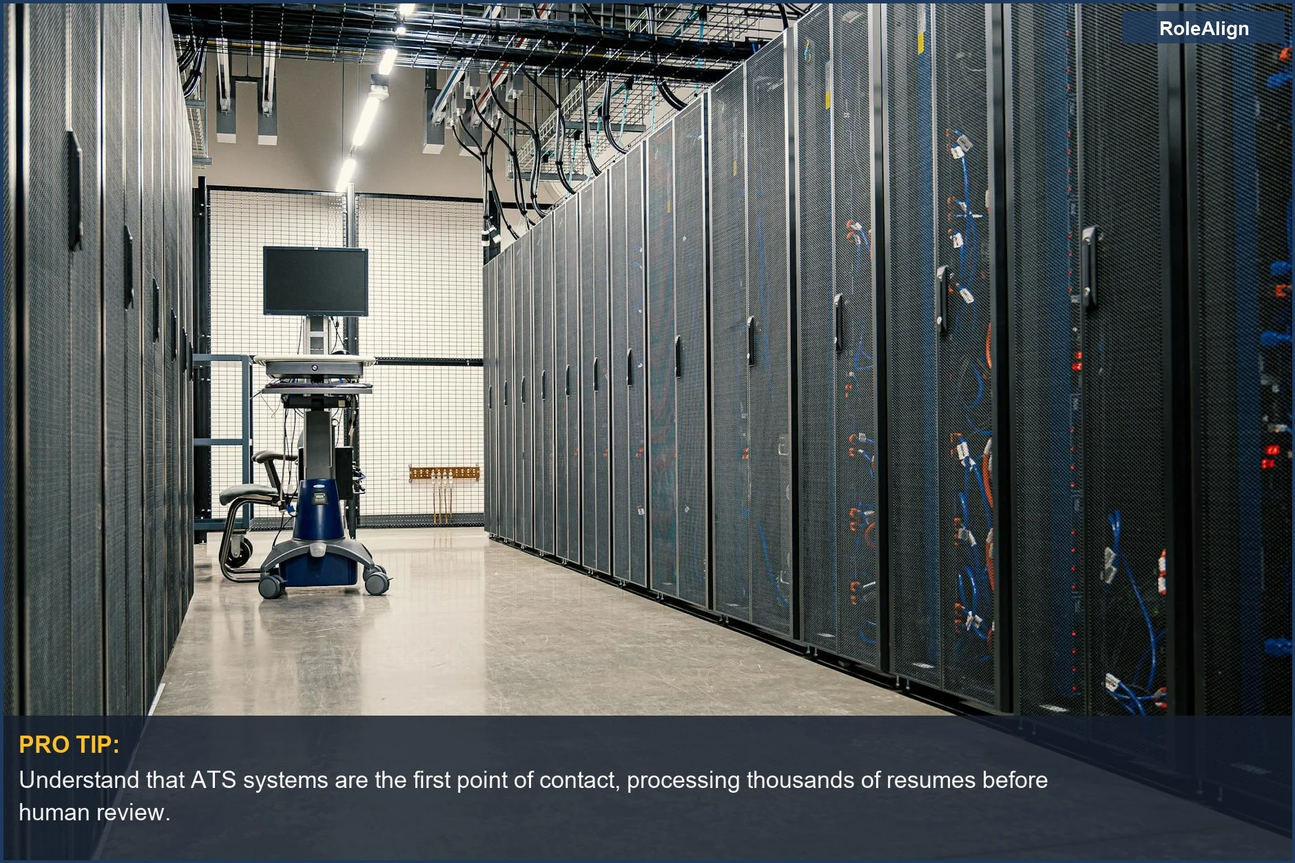 Modern data center corridor with server racks, illustrating the technological infrastructure behind applicant tracking systems.