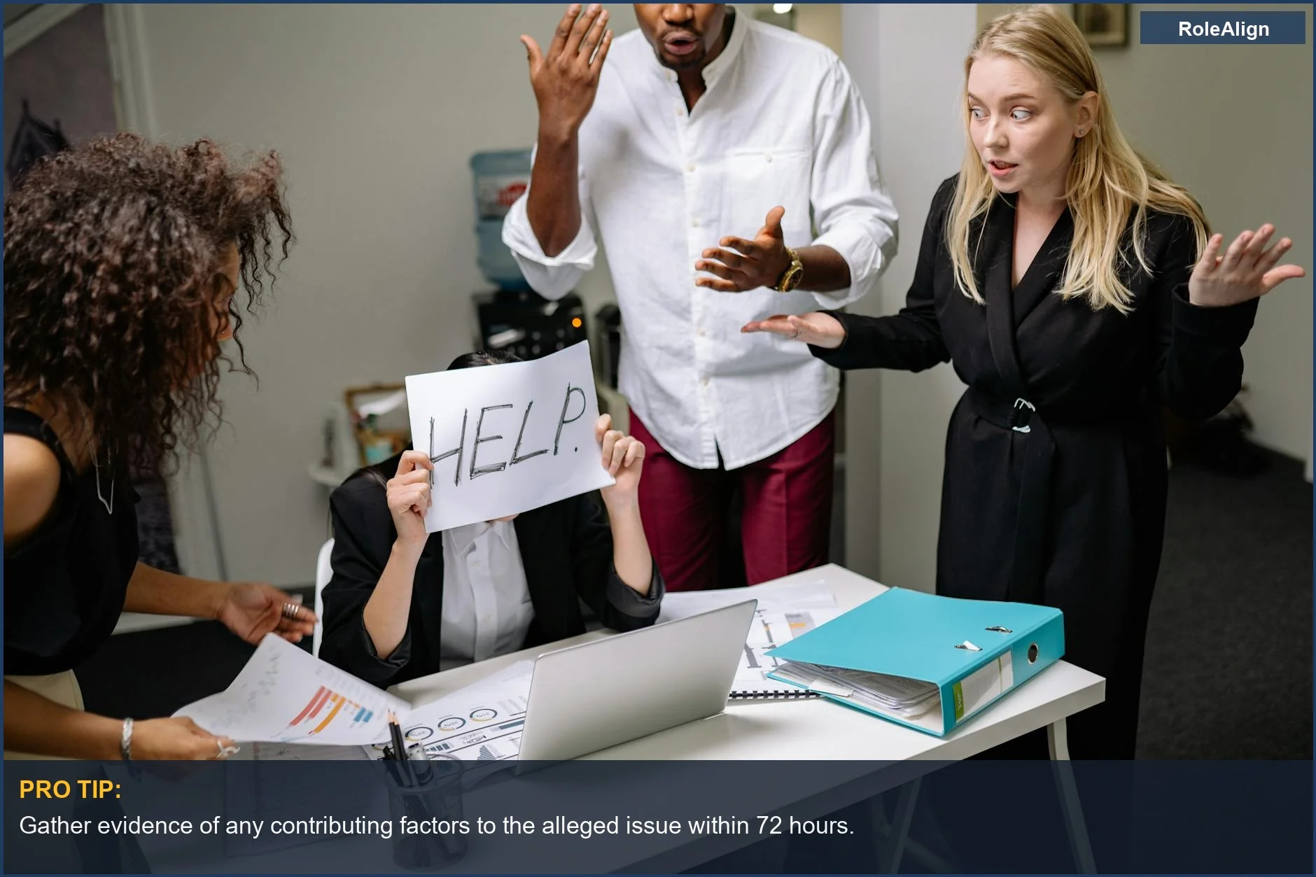 Group of employees in a heated discussion, one holding a 'HELP' sign, representing workplace stress and write-up issues.