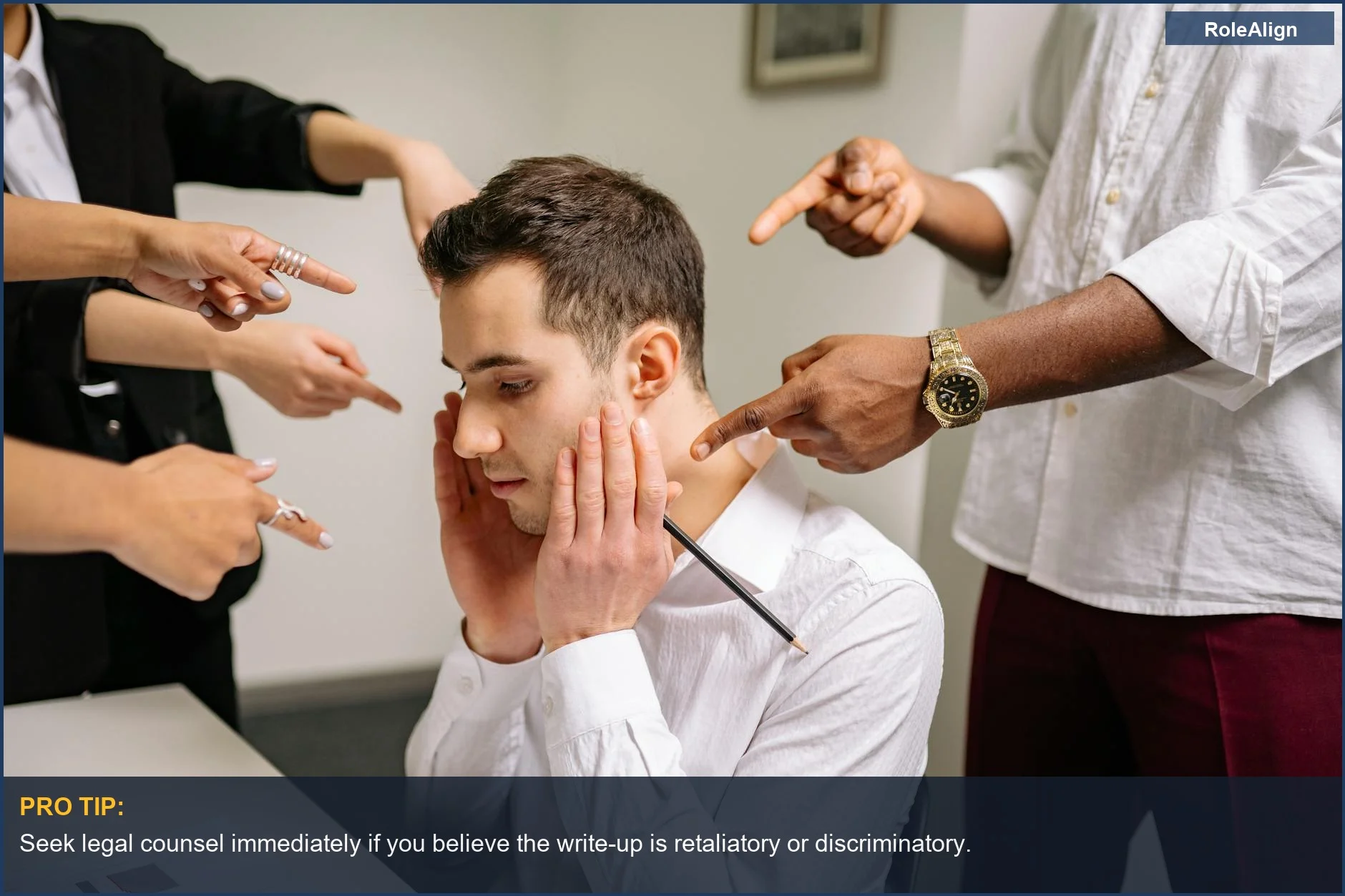 Stressed office worker surrounded by pointing fingers, illustrating workplace bullying and the pressure of a disciplinary write-up.