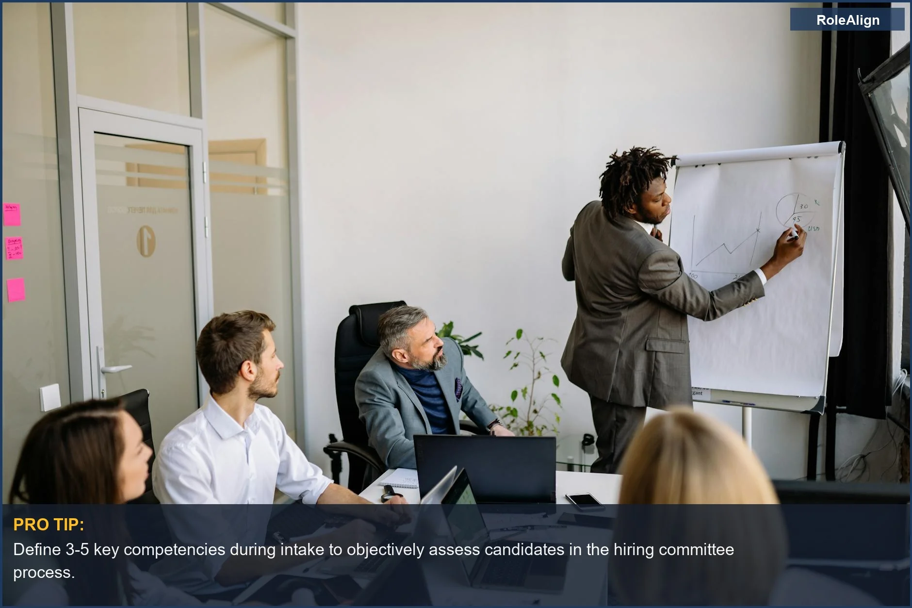 Team in modern office discussing strategic business, demonstrating the initial intake and calibration in the hiring committee process.