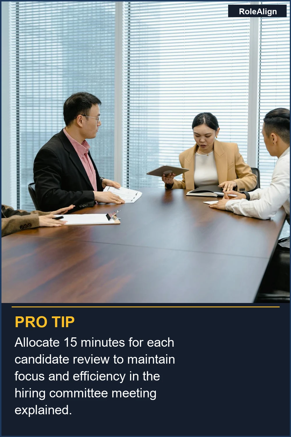 Allocate 15 minutes for each candidate review to maintain focus and efficiency in the hiring committee meeting explained.