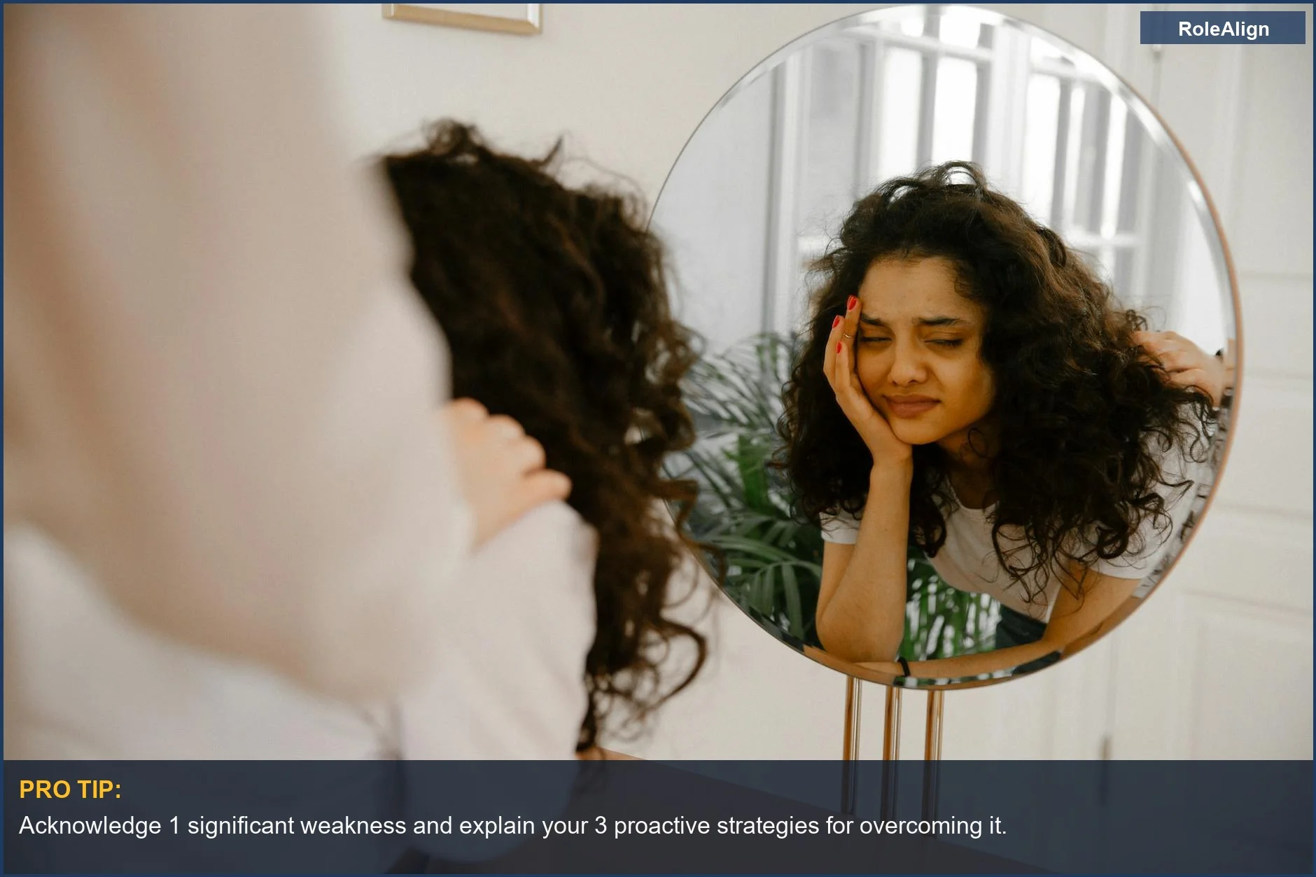 Young woman in mirror showing self-doubt, contemplating her interview weakness.