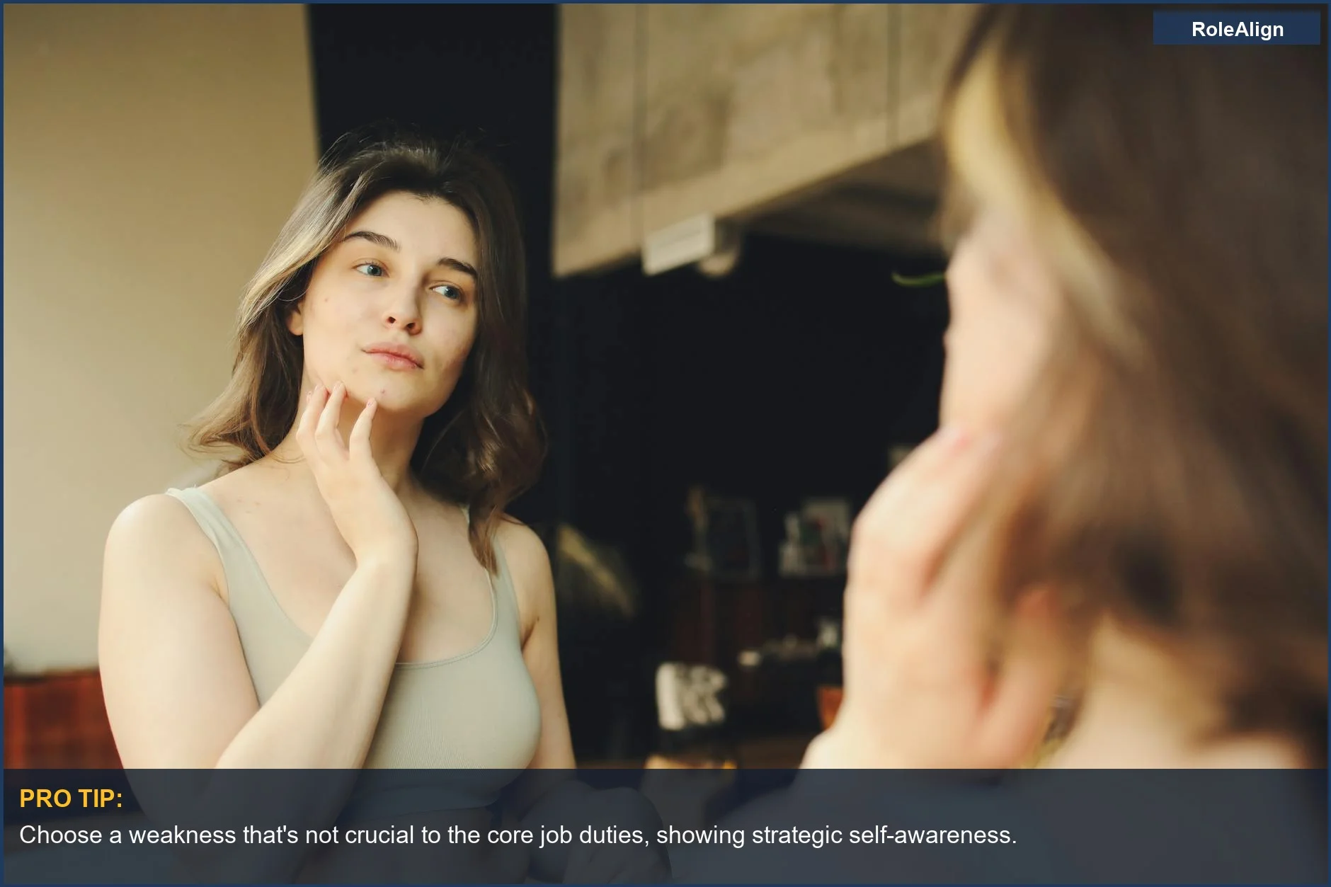 Woman looking in mirror, considering personal growth and interview weakness strategies.