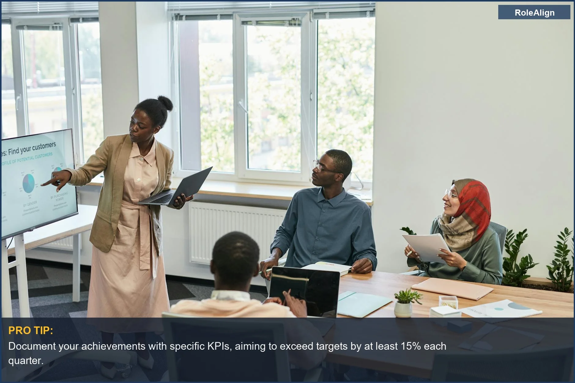 Collaborative team meeting in a modern office, highlighting promotion criteria for exceeding targets.