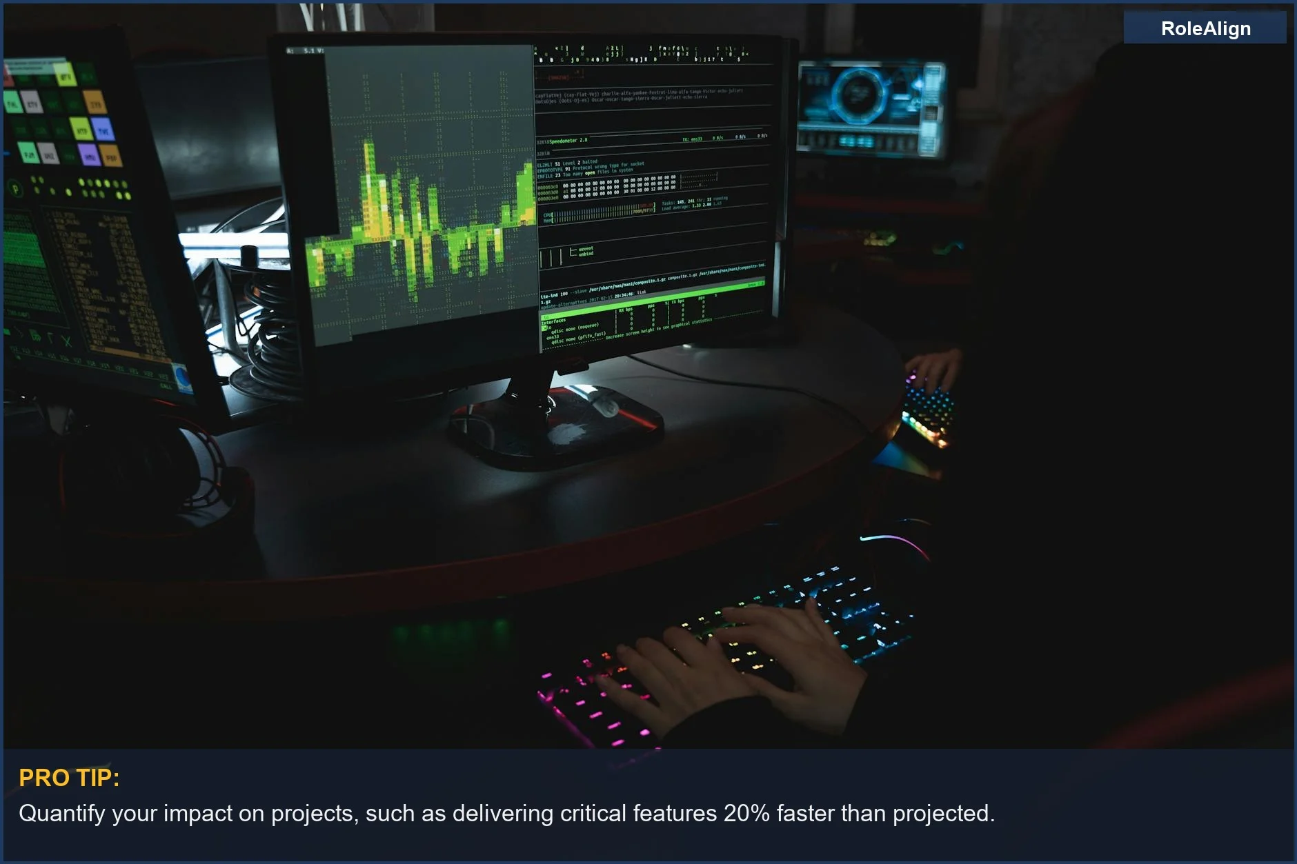Cybersecurity expert typing on colorful keyboard with data screens, a prime example for recruiter LinkedIn insights.