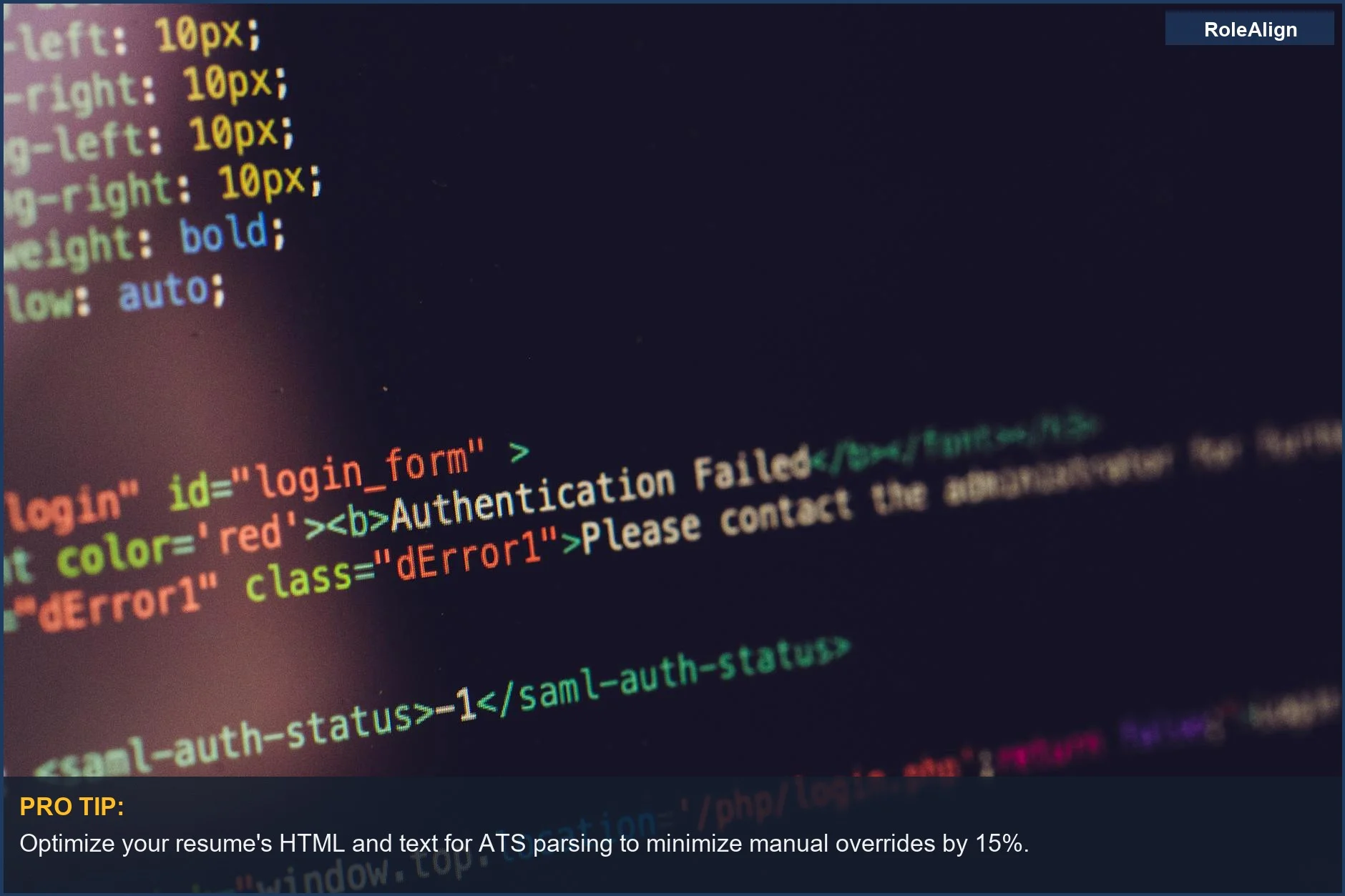 Primer plano de código HTML con un error de autenticación, que representa las limitaciones del sistema ATS para los reclutadores.