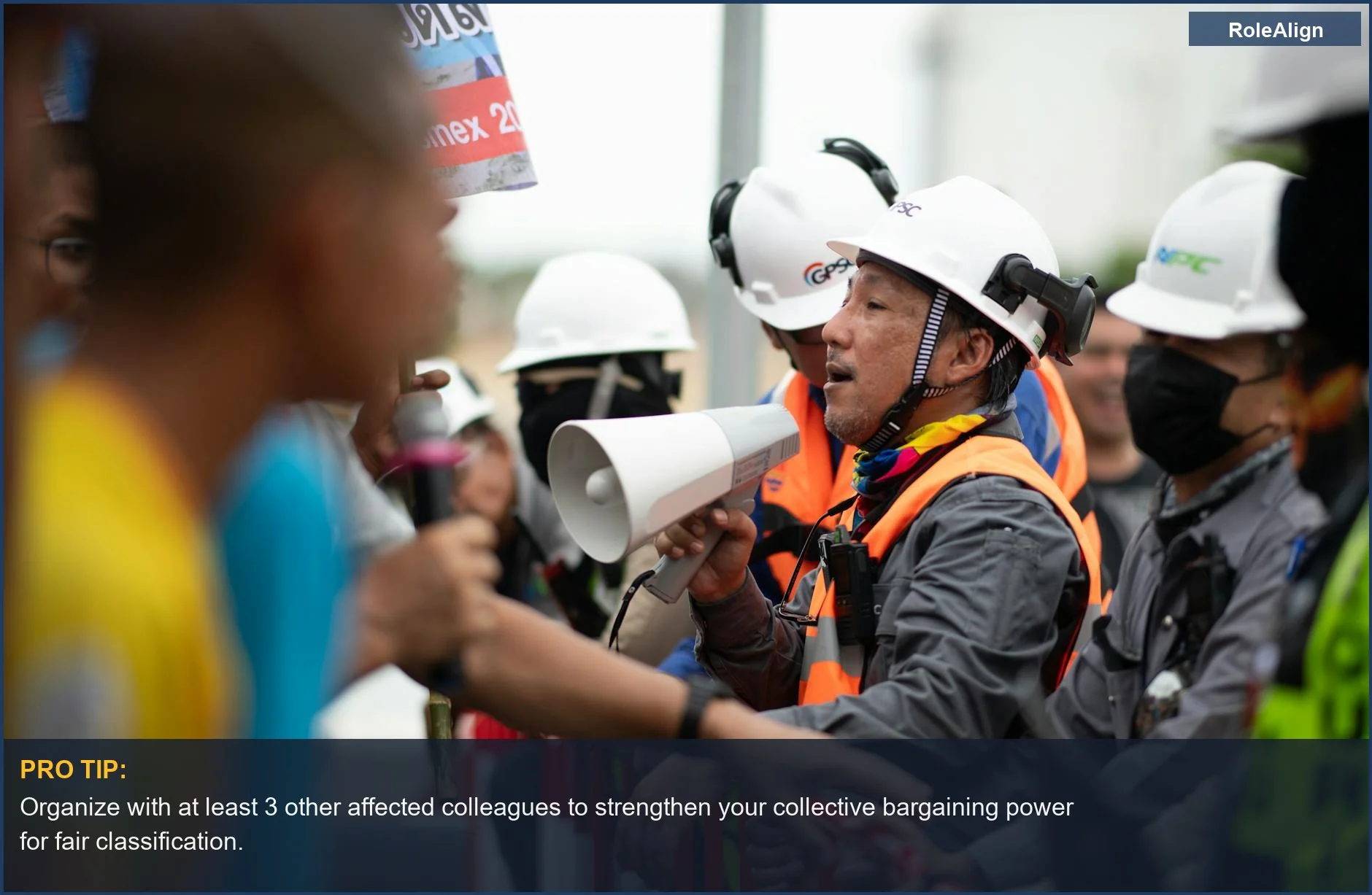 Construction workers protest employer misclassification, demanding fair treatment and worker protections.