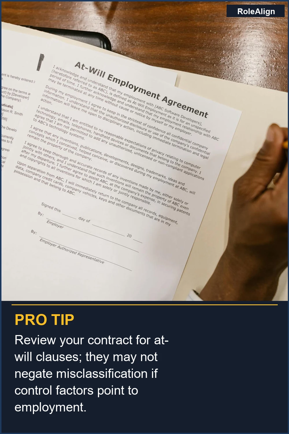 Review your contract for at-will clauses; they may not negate misclassification if control factors point to employment.