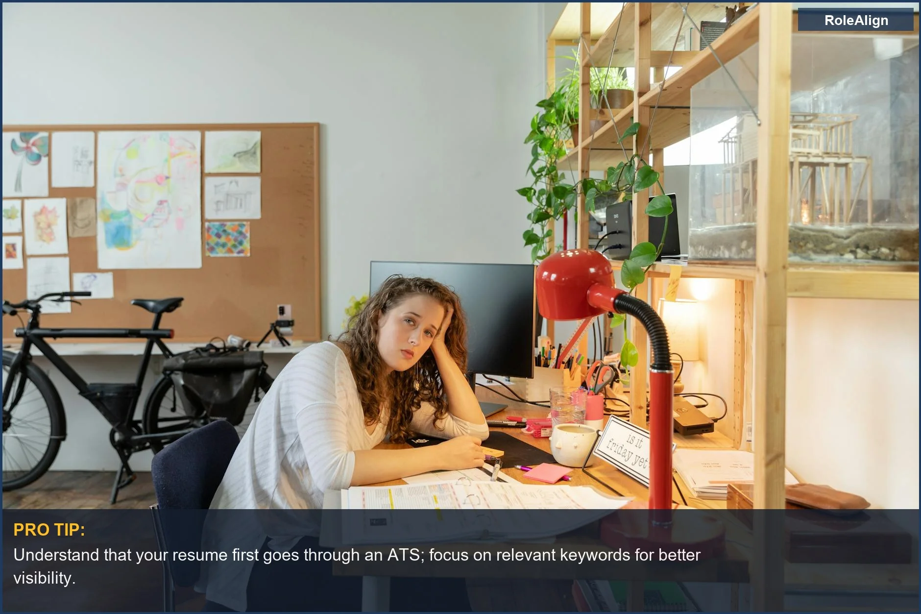 Mujer de negocios cansada en un escritorio desordenado, destacando los desafíos de los sistemas de seguimiento de candidatos (ATS).