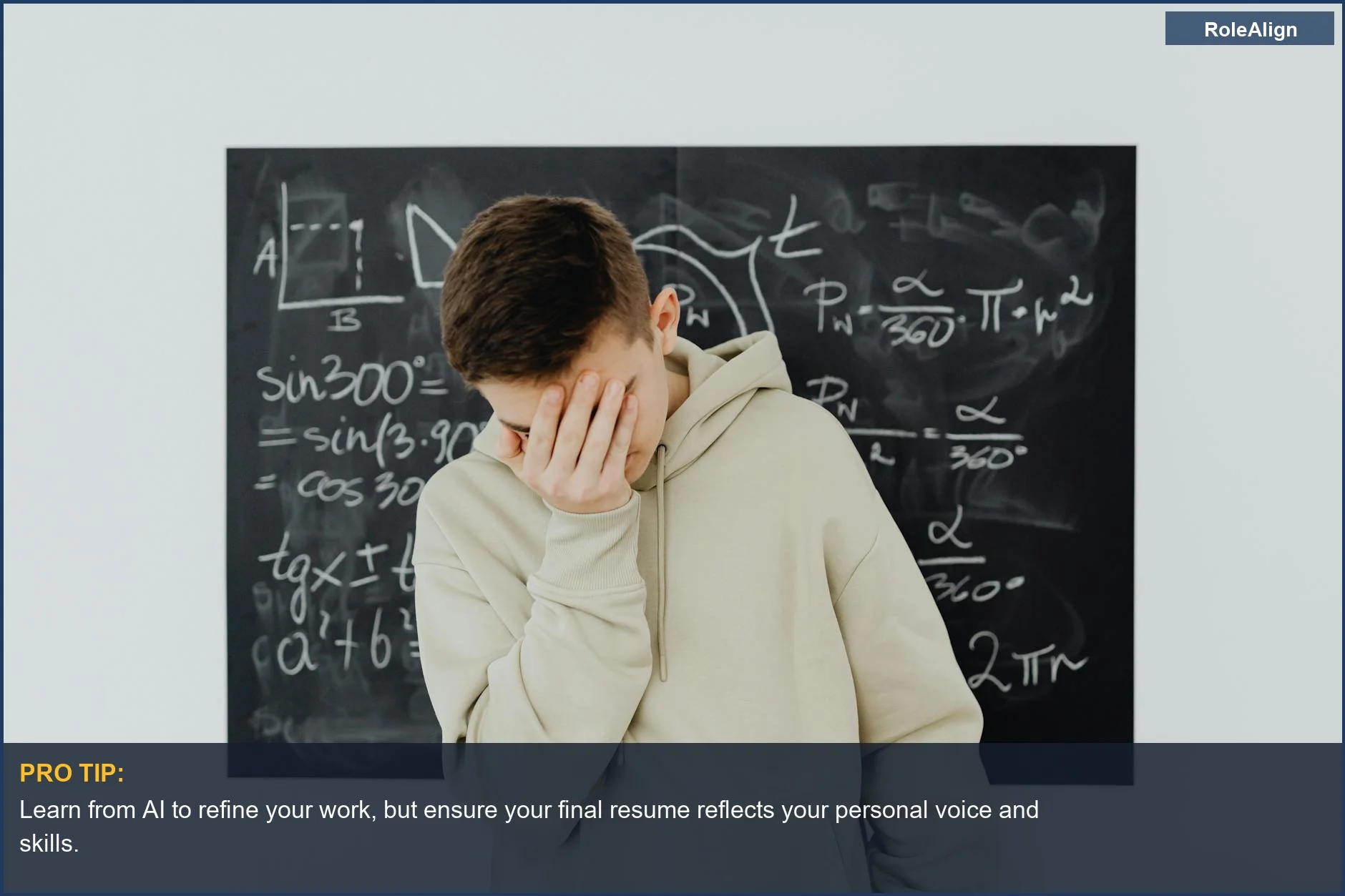 Estudiante frustrado frente a ecuaciones complejas, simbolizando el desafío de que los currículums generados por IA sean señalados por los reclutadores.