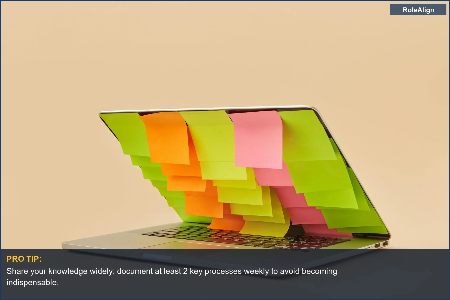 Sticky notes on a laptop screen symbolizing being too valuable to promote and career stagnation.