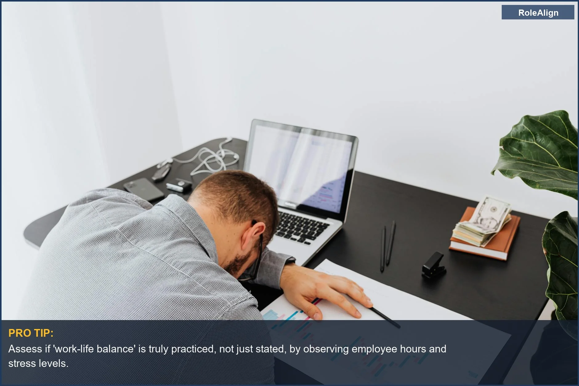 Stressed businessman sleeping at his desk, illustrating the reality of corporate culture beyond empty promises.