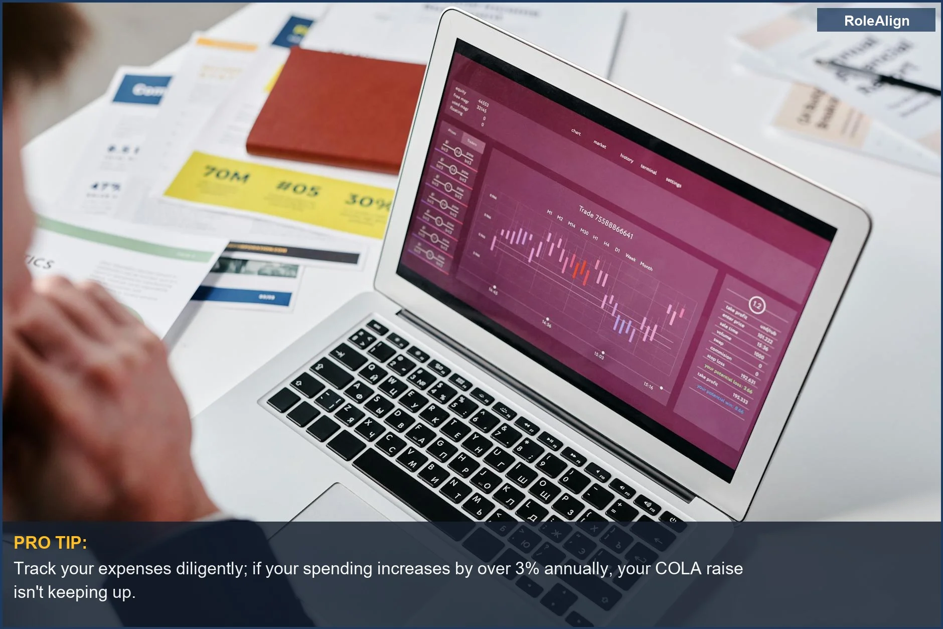 Businessperson reviewing data analytics on a laptop, highlighting the importance of understanding your COLA raise and its limitations.
